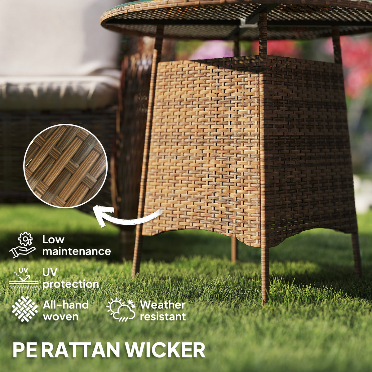 Wicker Rattan Outdoor Coffee Table with Tempered Glass Top - Brown