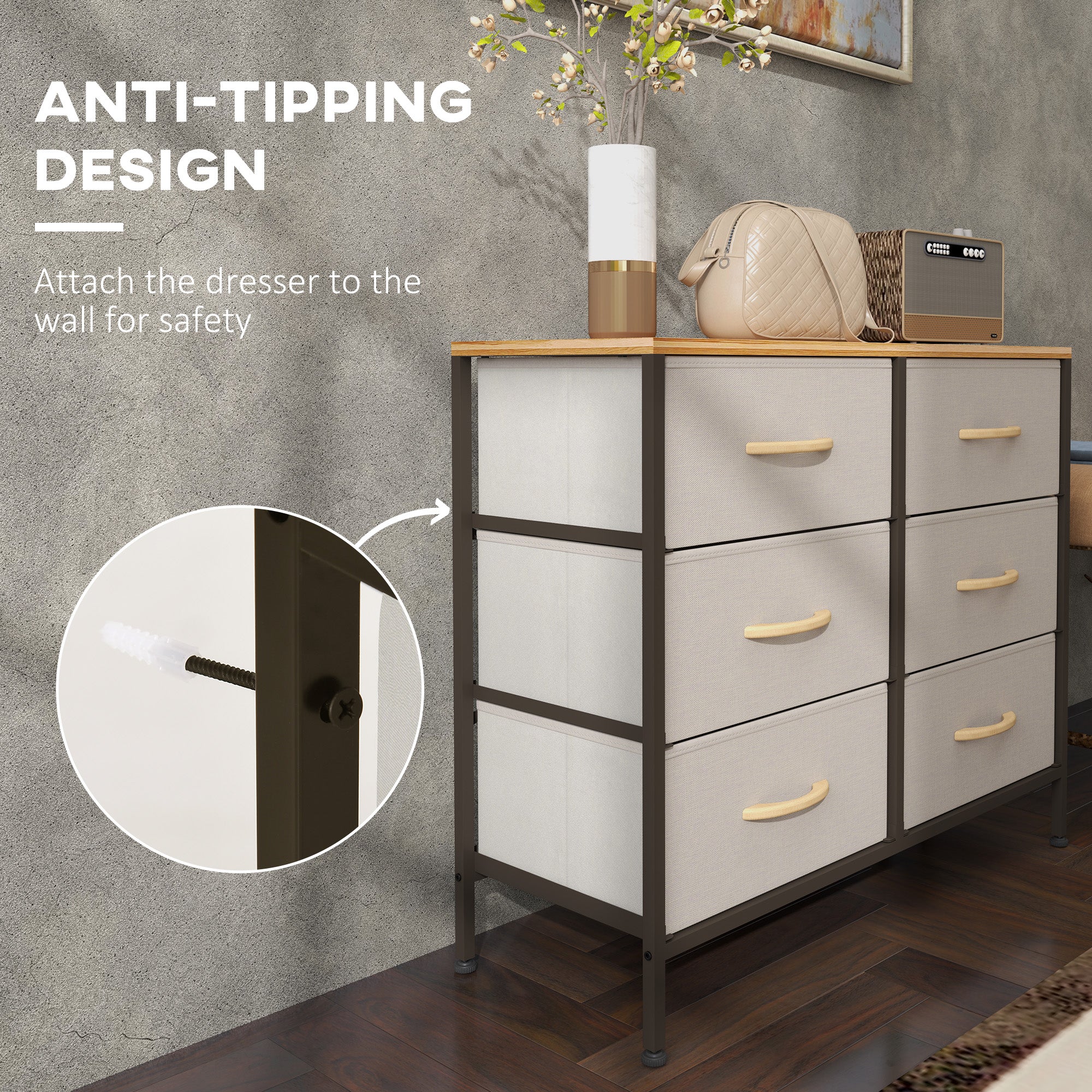Fabric Chest of Drawers with 6 Storage Drawers, Steel Frame & Wooden Top - Cream White