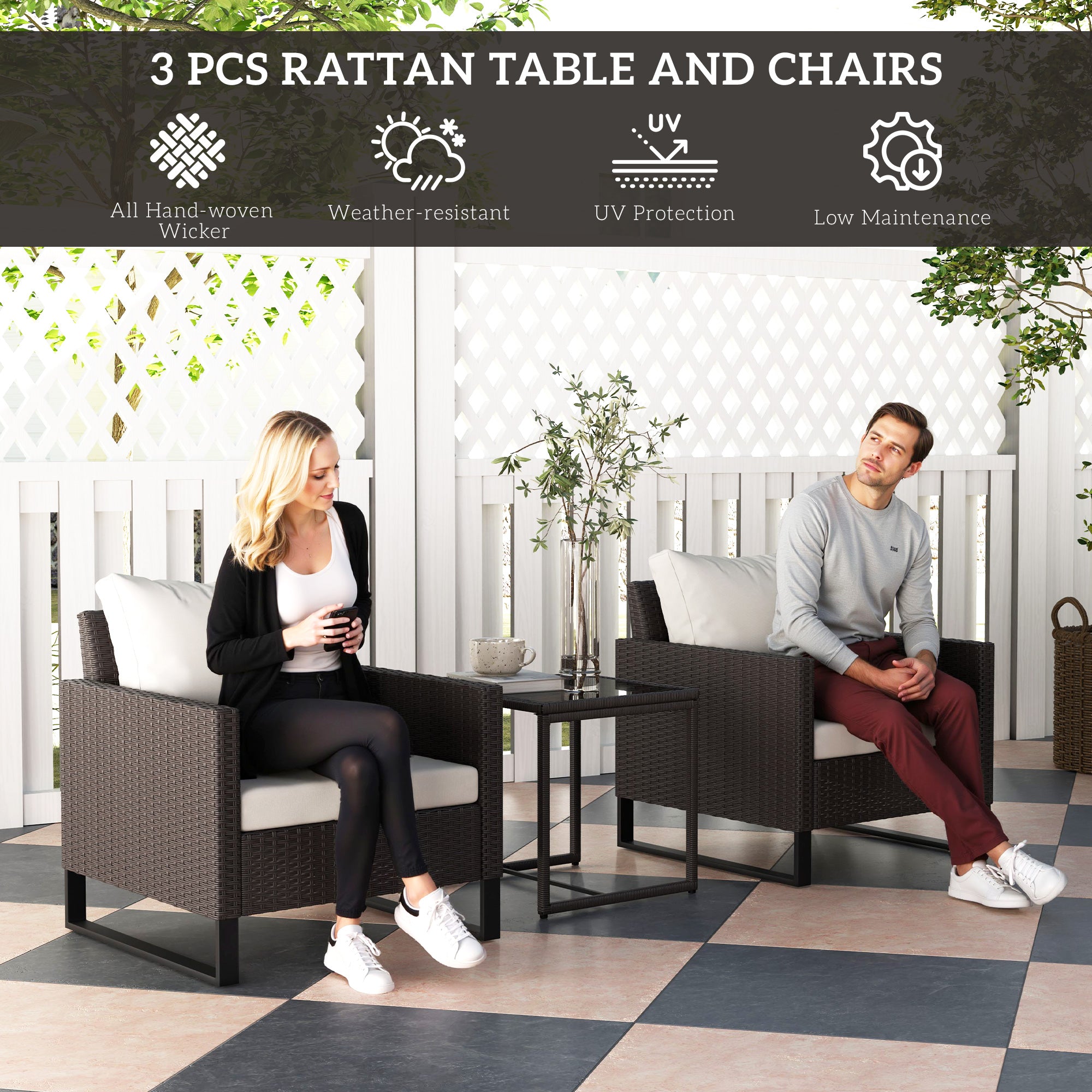 3 Piece Rattan Bistro Set with Cushions and Glass Table - Brown