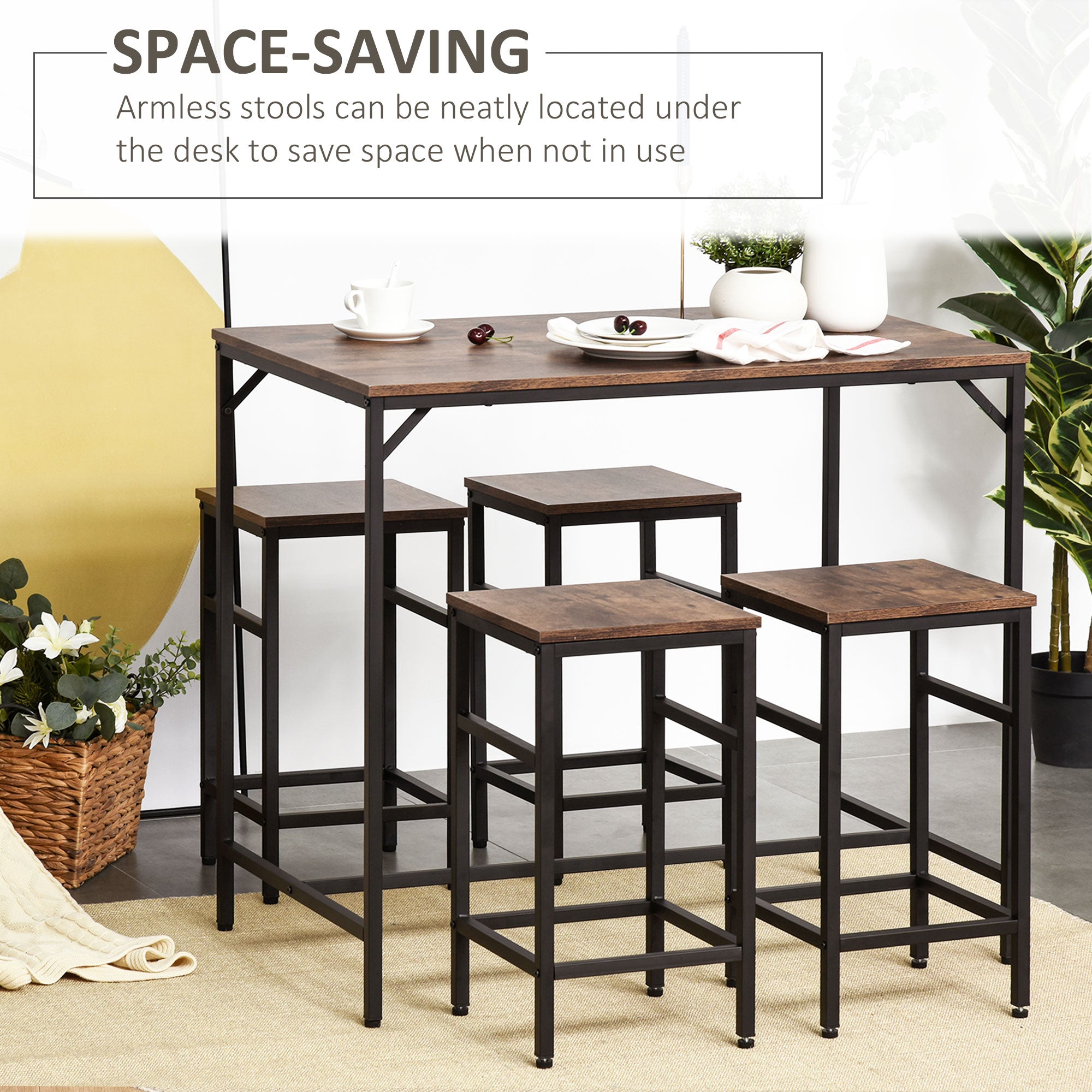 Industrial Rectangular Bar Table Set with 4 Stools for Dining Room, Kitchen, Dinette