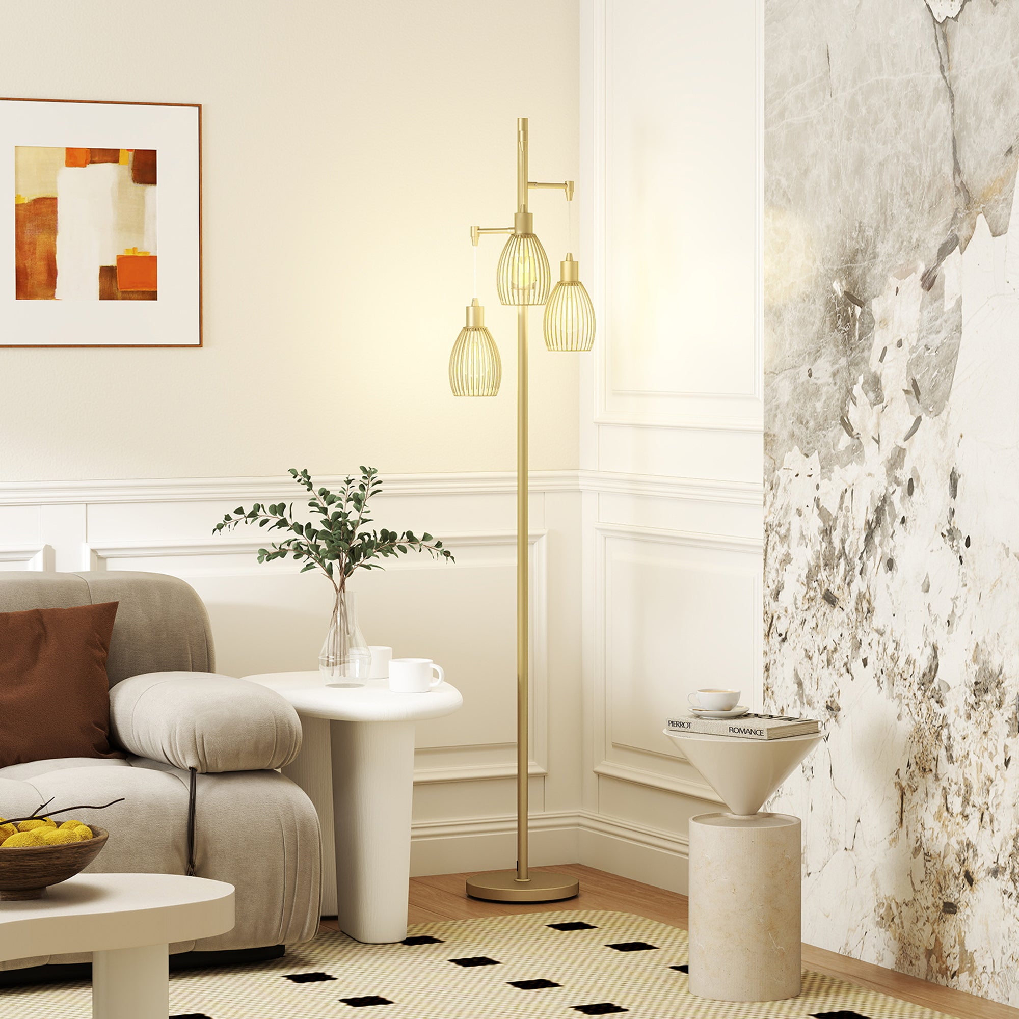 3-Light Floor Lamp, 170cm Industrial Dimmable Standing Lamp with Steel Wire Cage Lampshades for Living Room, Bedroom, Dining Room, Study, Bulb Not Included, Gold Tone