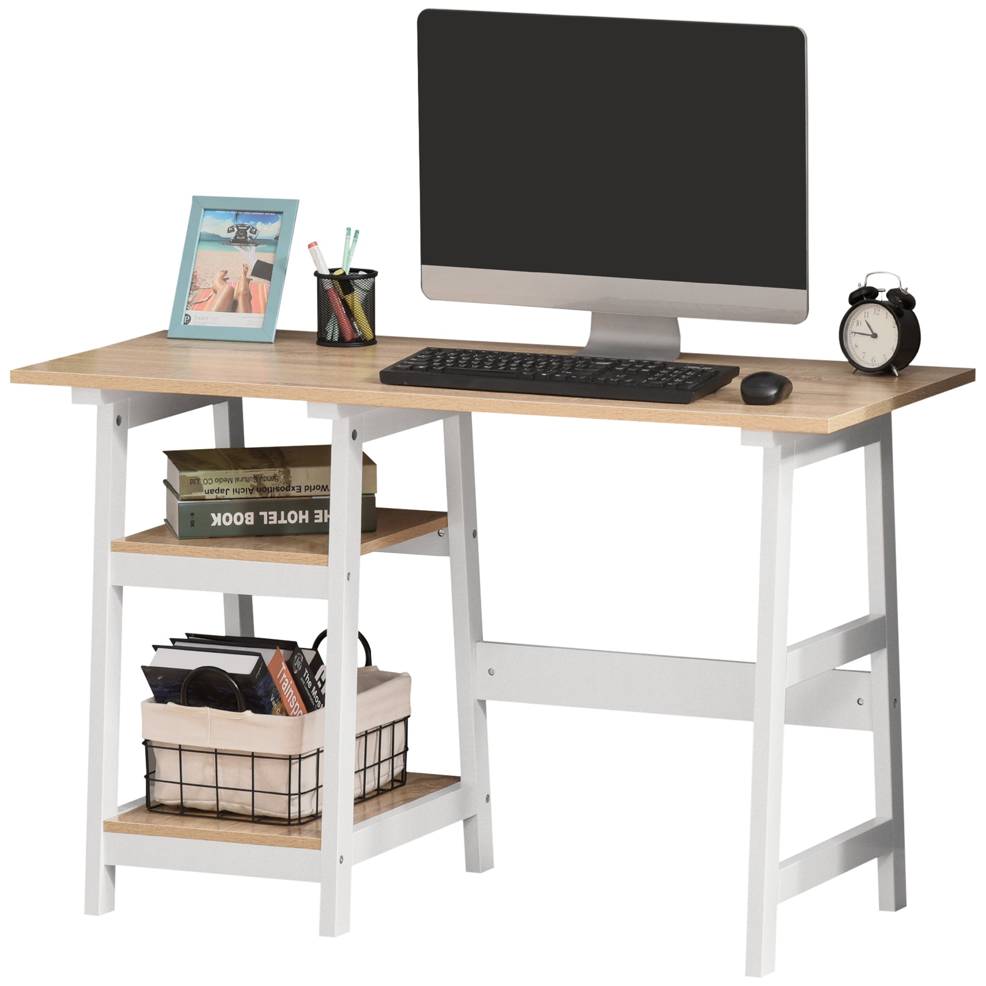 Compact Computer Desk with Storage Shelves, Study Table with Bookshelf, PC Table Workstation for Home Office, Study, Easy Assembly, 120 x 51cm, White and Natural