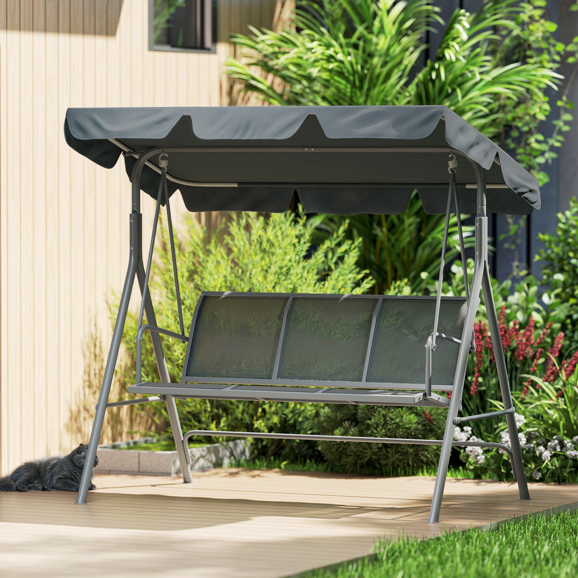 3 Seater Swing Chair, Garden Swing Bench with Adjustable Tilting Canopy, Breathable Mesh Seat and Heavy Duty Metal Frame for Patio, Garden, Dark Grey