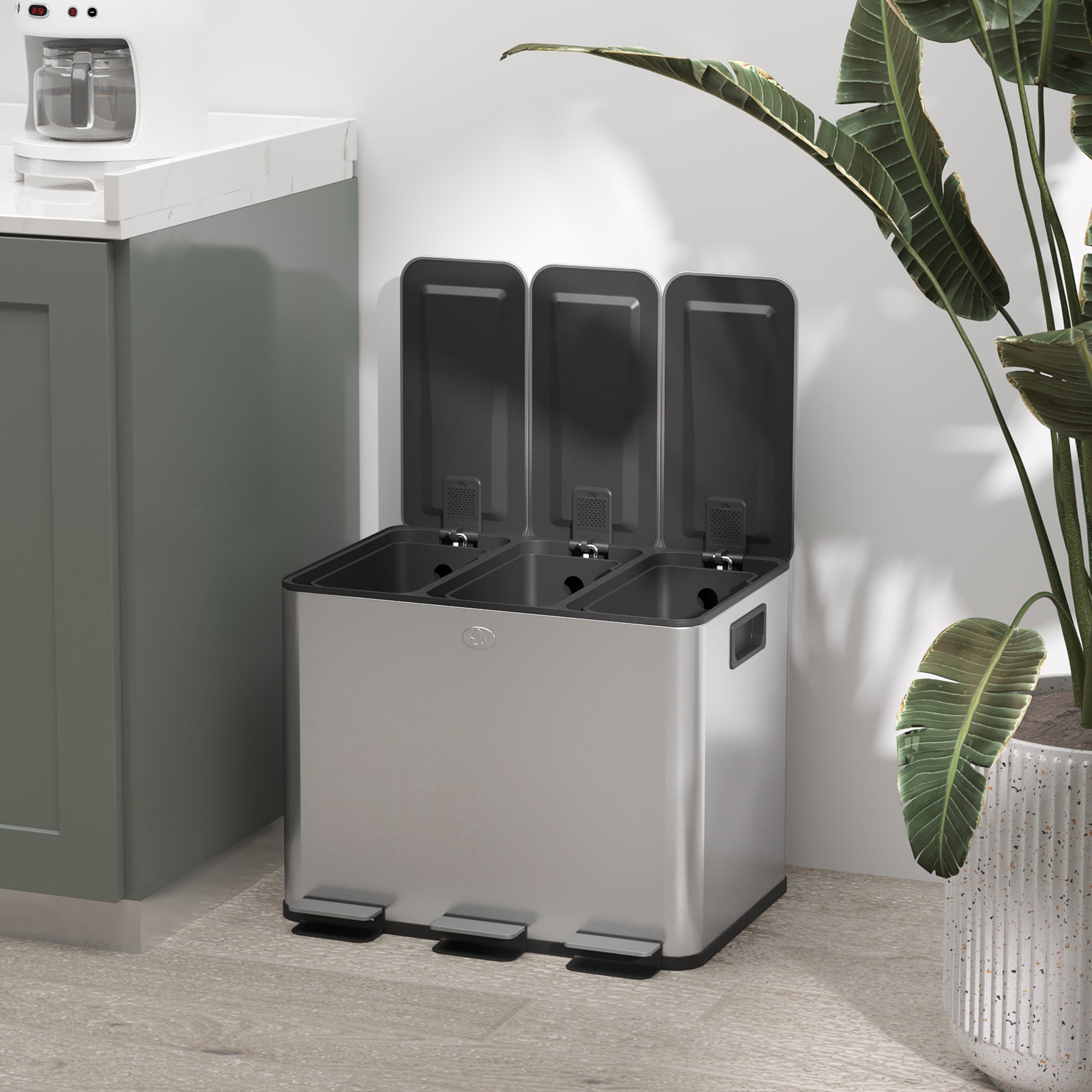 3 x 20L Pedal Bin, Steel Triple Kitchen Bin with Soft Close Lid, Removable Inner Buckets, Fingerprint-Proof, Silver Tone