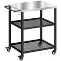 Outdoor Grill Cart with Stainless Steel Tabletop, 3-Tier Pizza Oven Stand with Adjustable Shelf, Hooks, Wheels, Black