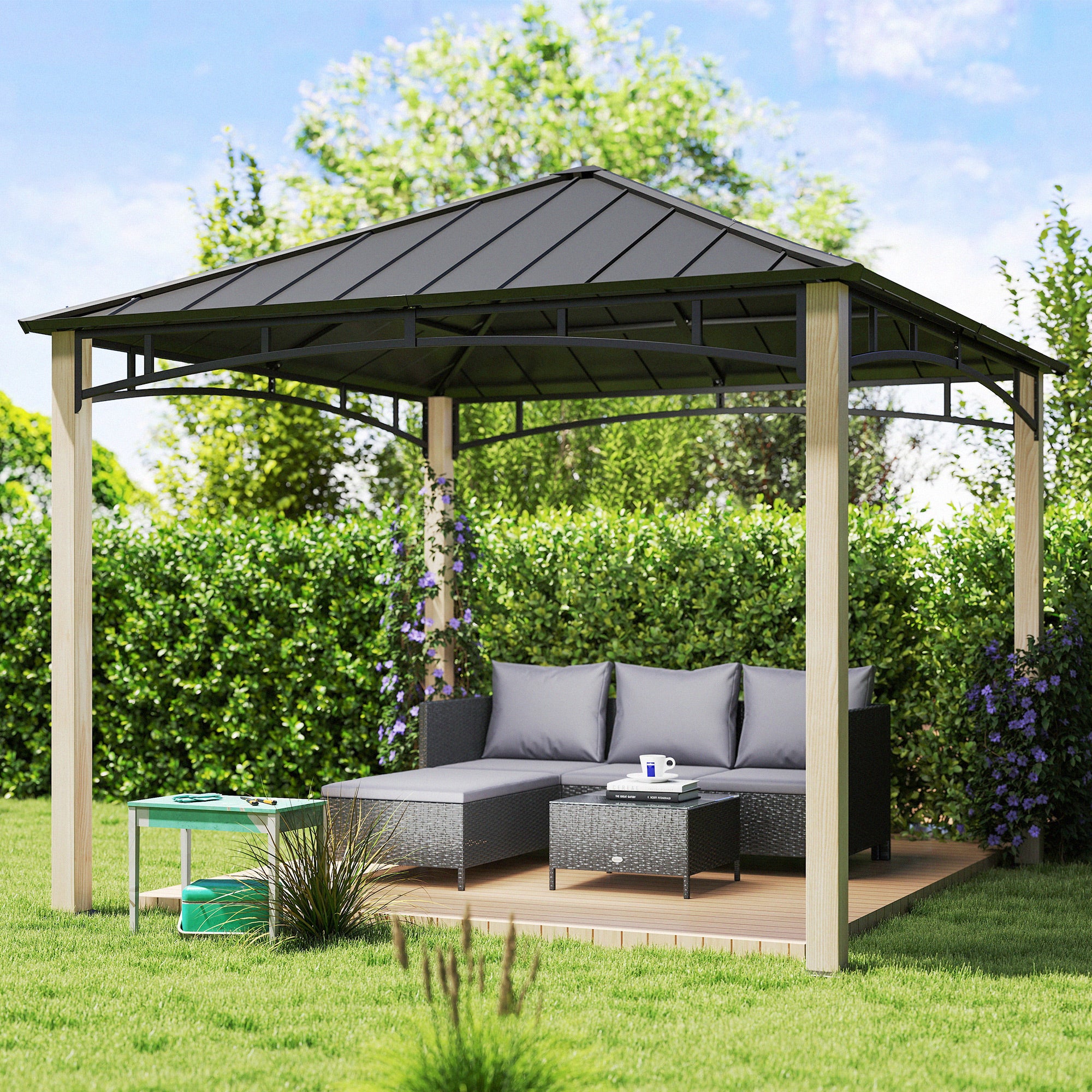 3 x 3 Metre Metal Gazebo with Galvanised Roof - Black Wood Effect