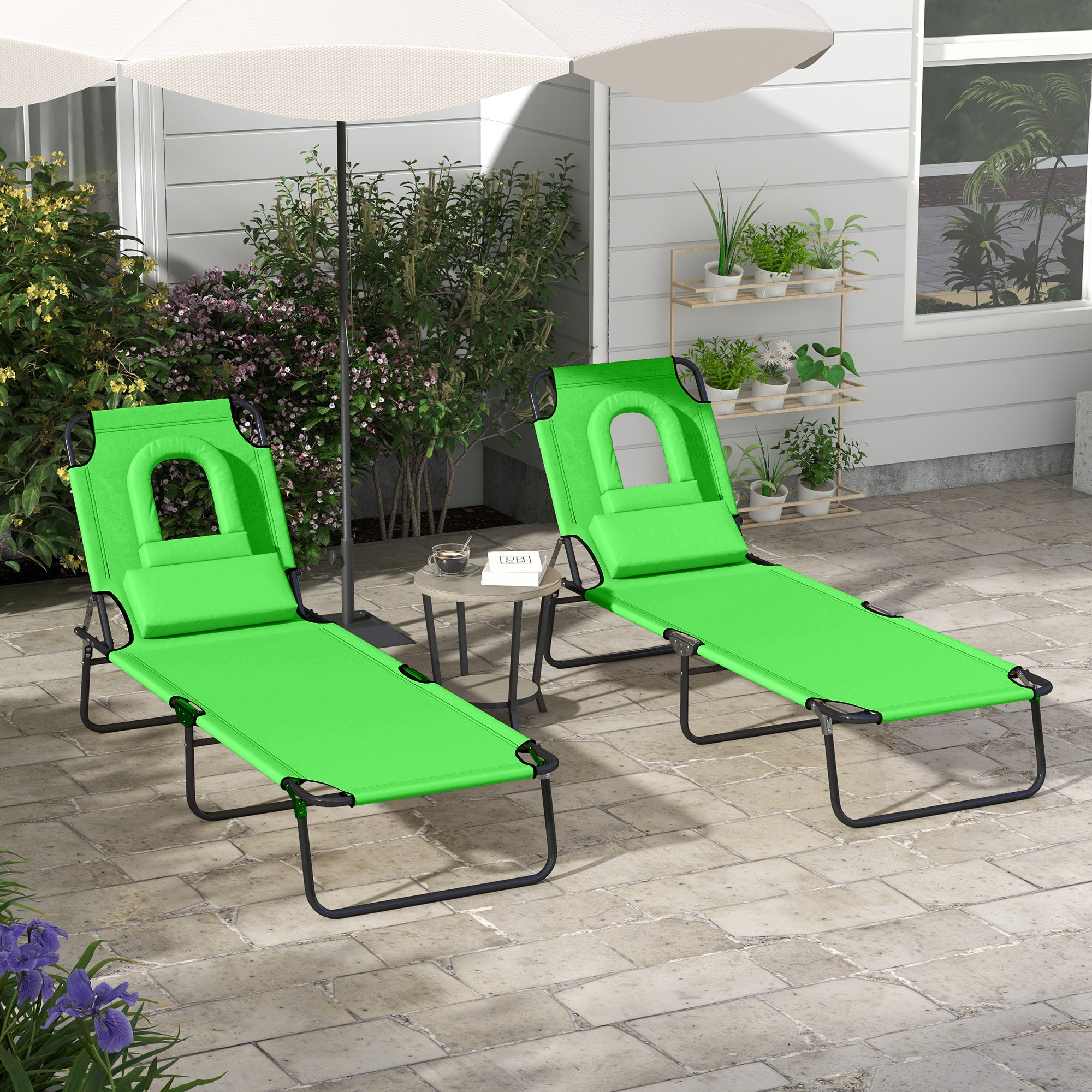 Outdoor Foldable Sun Lounger Set of 2, 4 Level Adjustable Backrest Reclining Sun Lounger Chair with Pillow and Reading Hole, Green