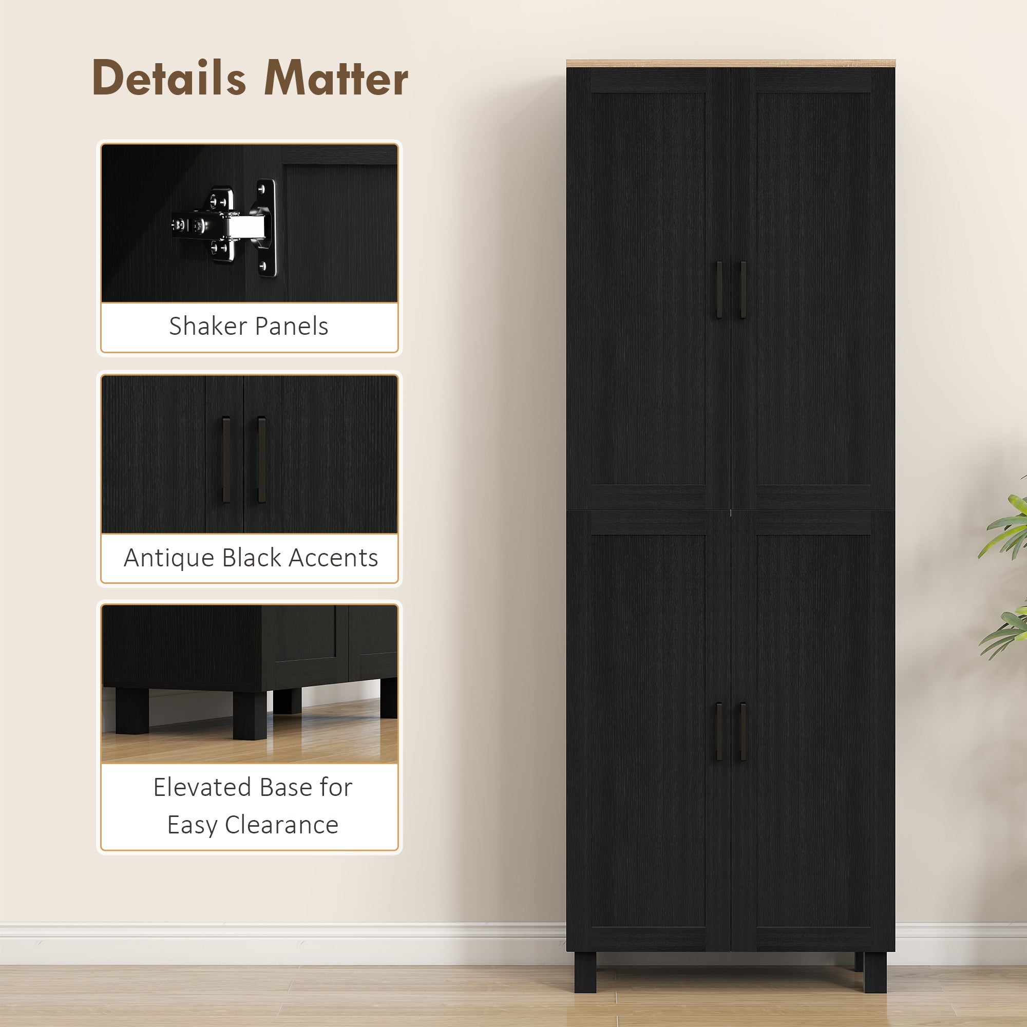 Freestanding Kitchen Cupboard, 4-Door Storage Cabinet with Adjustable Shelves, Modern Kitchen Pantry, 170cm, Black