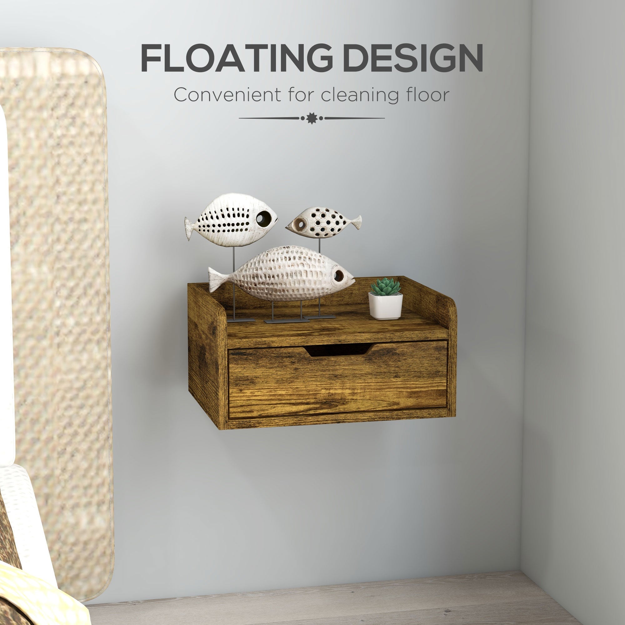 Floating Nightstand Set of 2 Wall Mounted Bedside Table with Storage Drawer for Bedroom, Rustic Brown