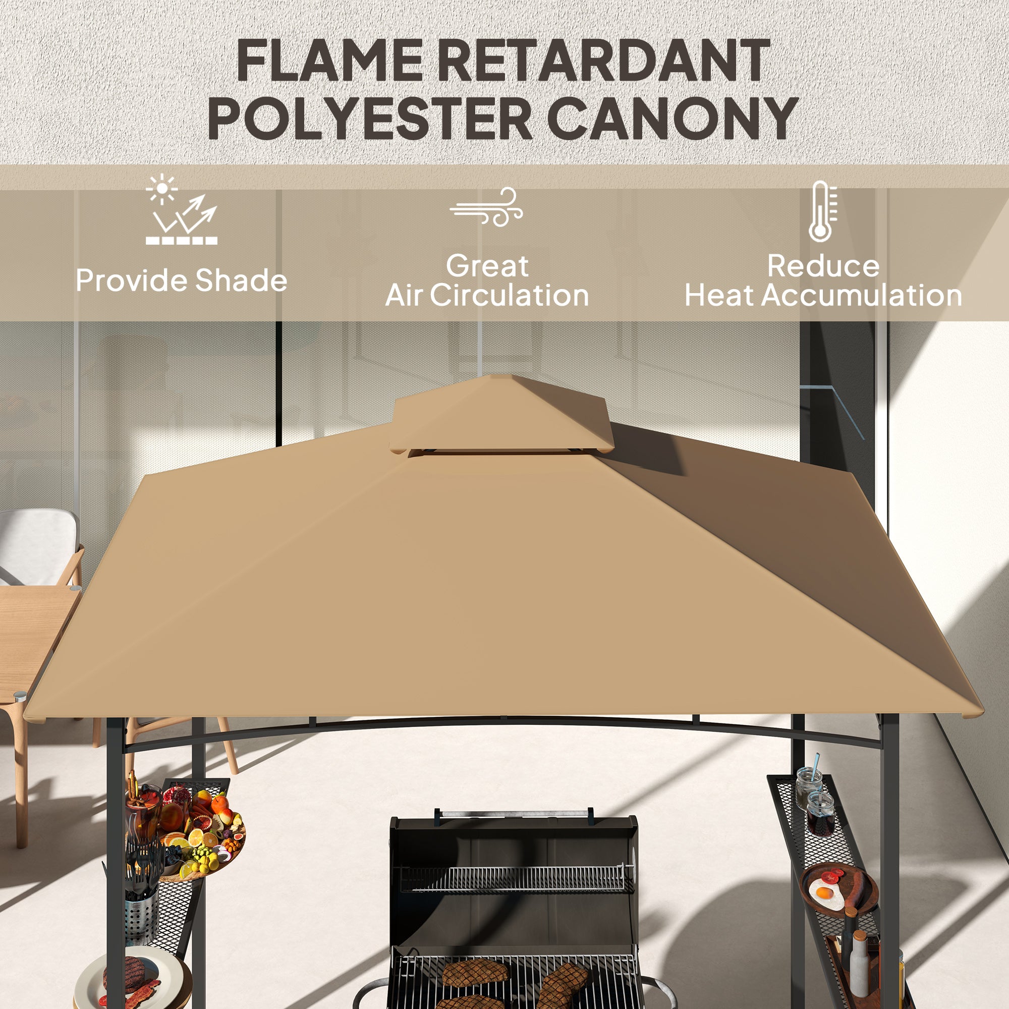 2.5 Metre Double Tiered BBQ Gazebo with Side Shelves - Khaki
