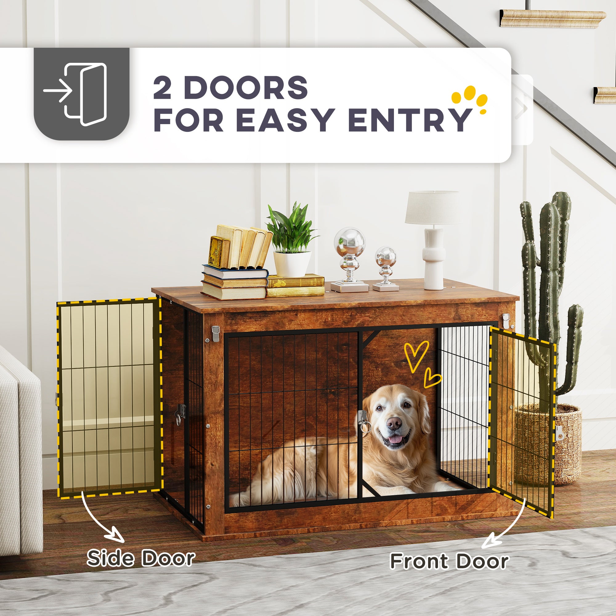 Dog Crate Furniture with Flip-up Top, 2 Doors, for Large Dogs, 98 x 60 x 65.5cm, Rustic Brown