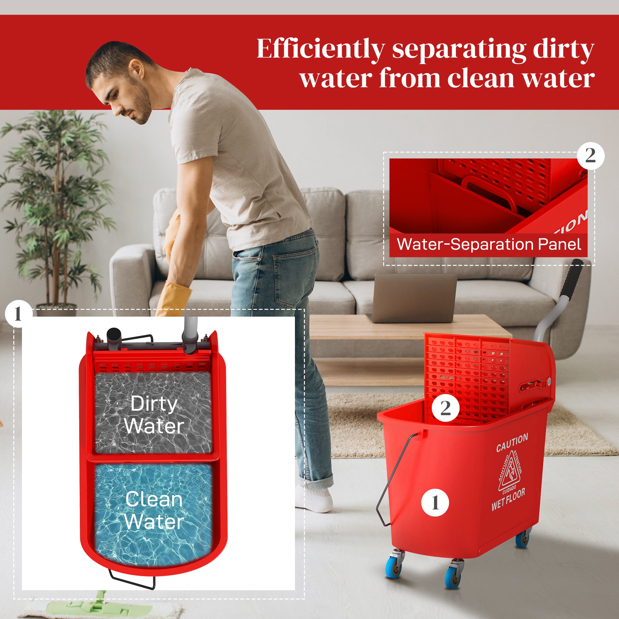 20L Mop Bucket with Water Separation Panel and Wheels - Red