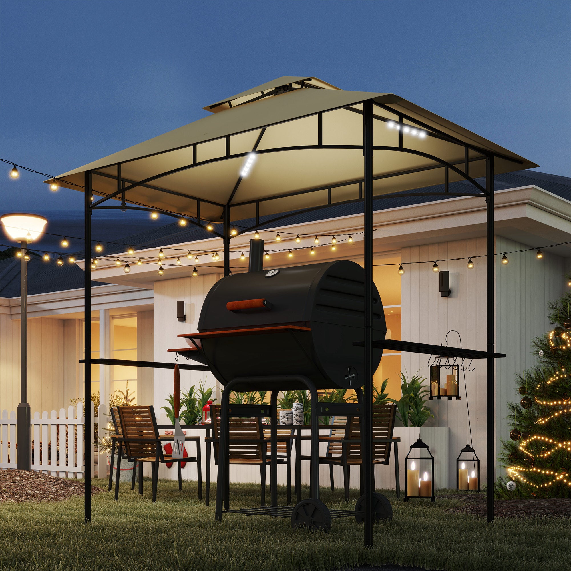 8 Foot Double Tiered BBQ Gazebo Shelter with LED Lights - Beige