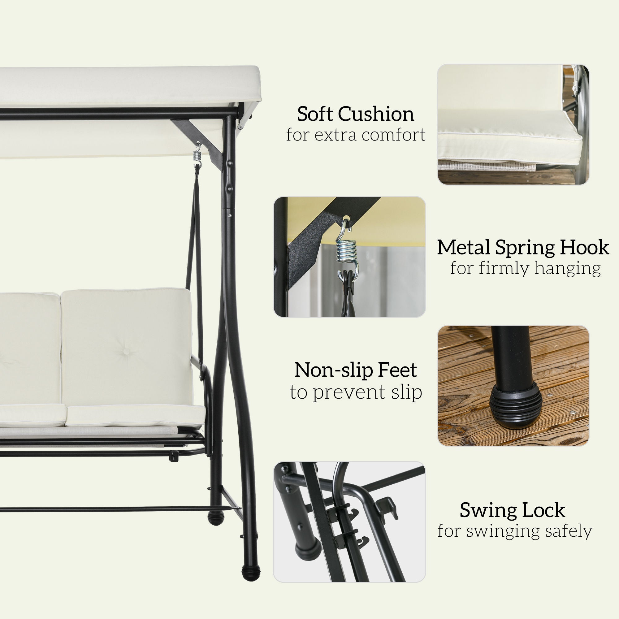 3 Seater Canopy Swing Chair, 2 in 1 Garden Swing Seat Bed, with Adjustable Canopy and Metal Frame, Cream White