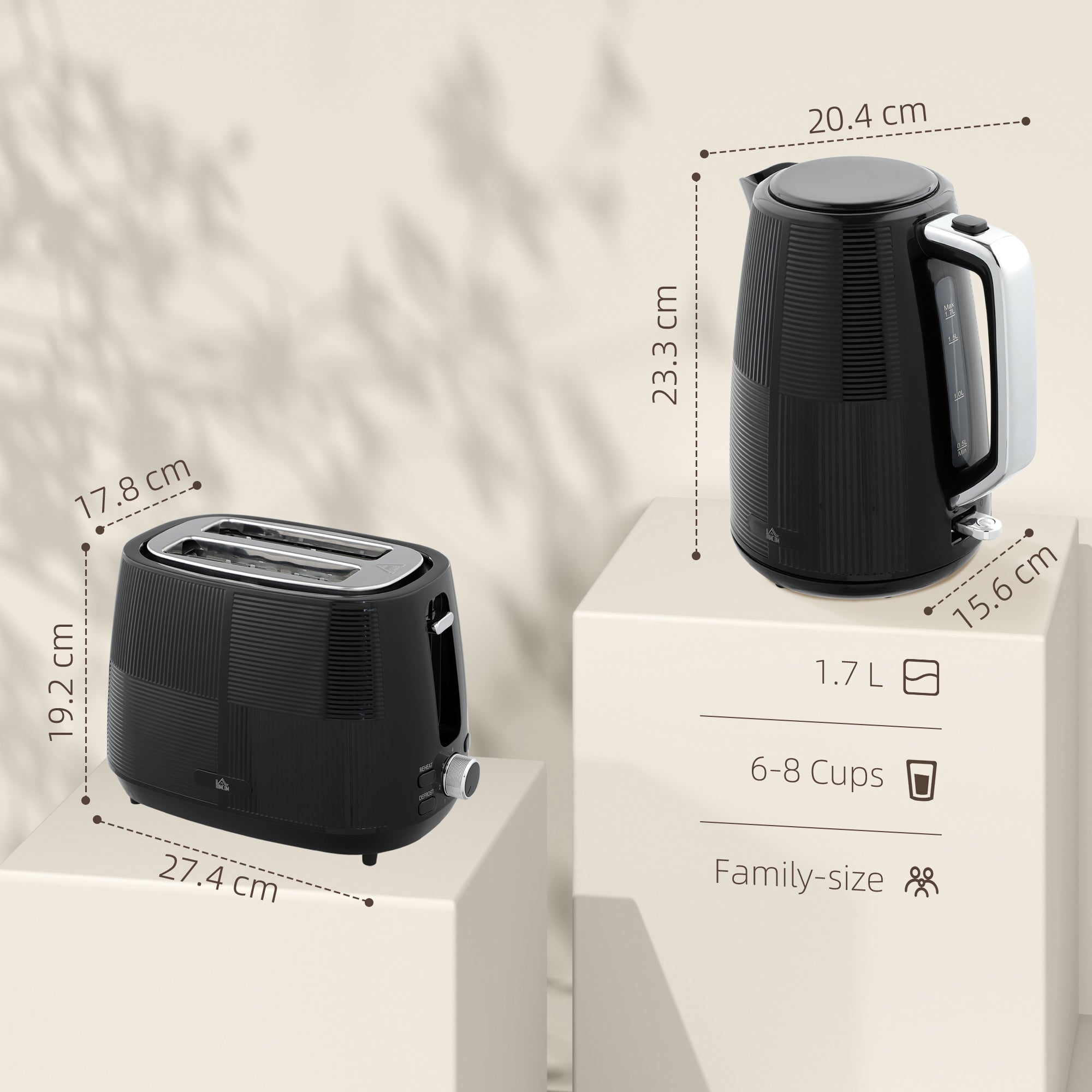 1.7L 3000W Fast Boil Kettle & 2-Slice Toaster Set with 7 Browning Levels, Defrost & Reheat - Black