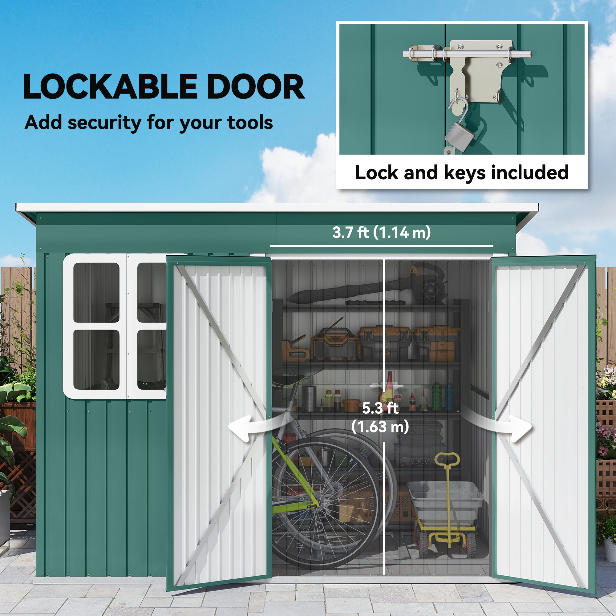 8.5 x 6ft Storage Shed Galvanised Steel Garden Shed, Metal Shed with Foundation Kit, Window, Lockable Wide Doors and Air Vents for Outdoor Patio, Green