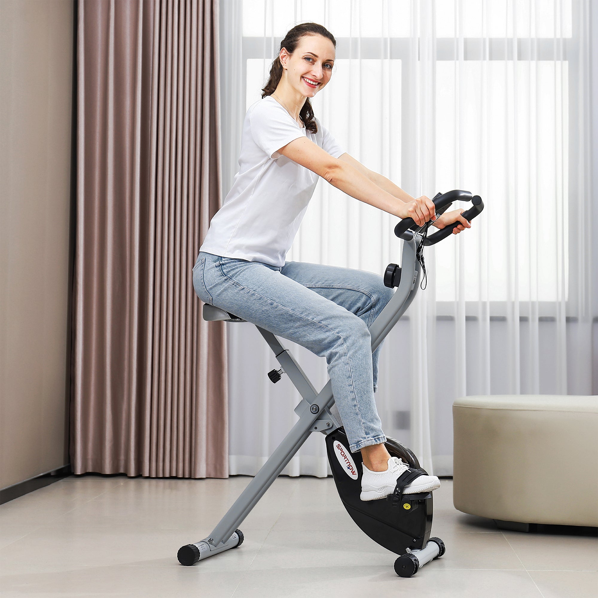 Folding and Quiet Exercise Bike with 8-Level Magnetic Resistance and Heart Rate Sensor, for Home Gym, Black and Grey