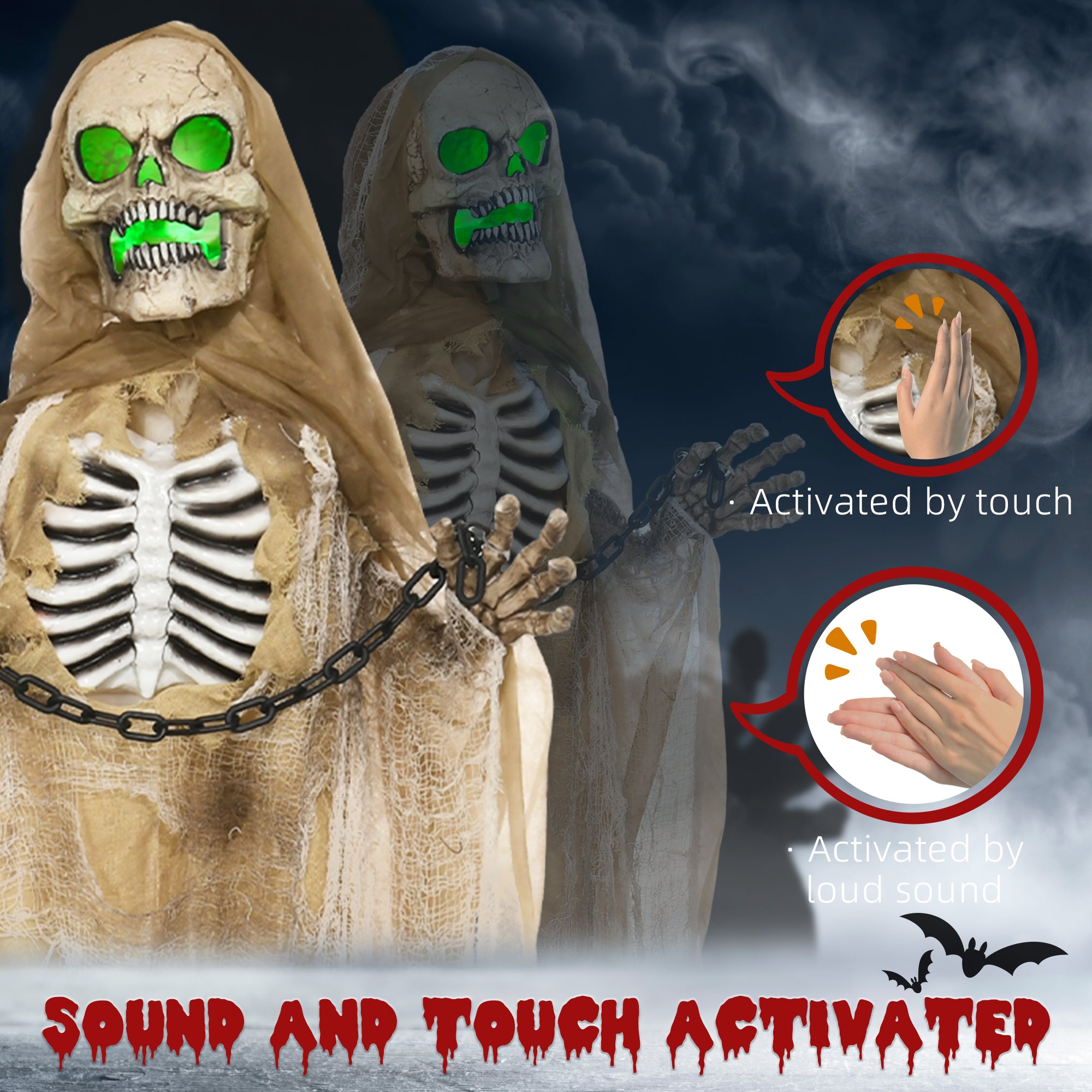 6' Hanging Skeleton Ghost Halloween Animatronic, with Glowing Eyes and Chest
