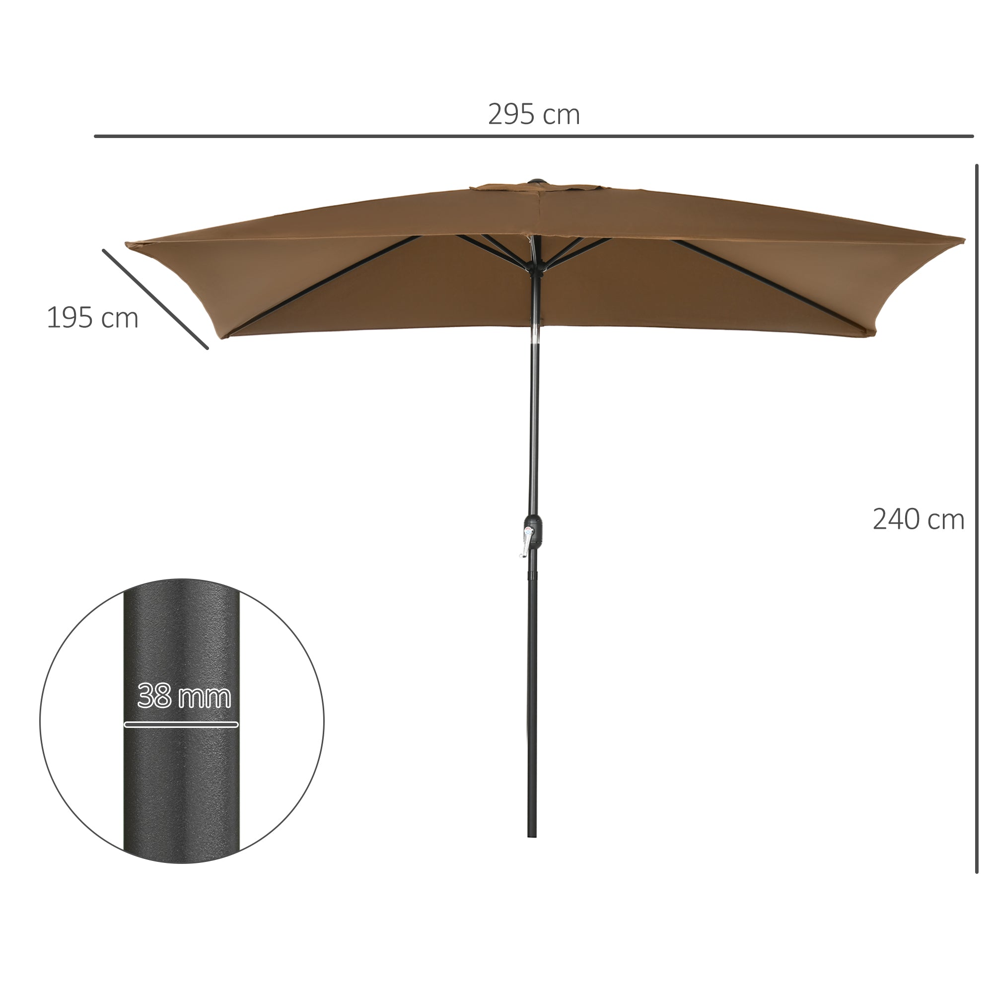 3x2m Garden Parasol Umbrella Outdoor Sun Shade Canopy with Tilt and Crank, Aluminium Frame Rectangular, Brown