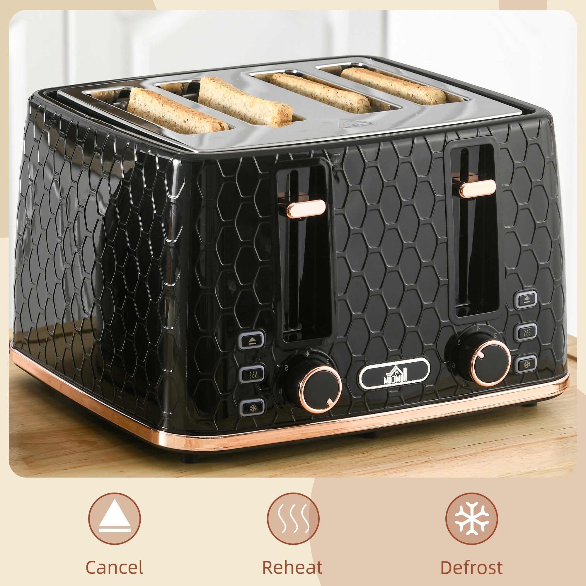 4 Slice Toaster with 7 Browning Levels, High Lift, Reheat/Defrost/Cancel, Self-centring Function, Removable Crumb Tray, Auto Off, 1600W, Black Honeycomb Texture