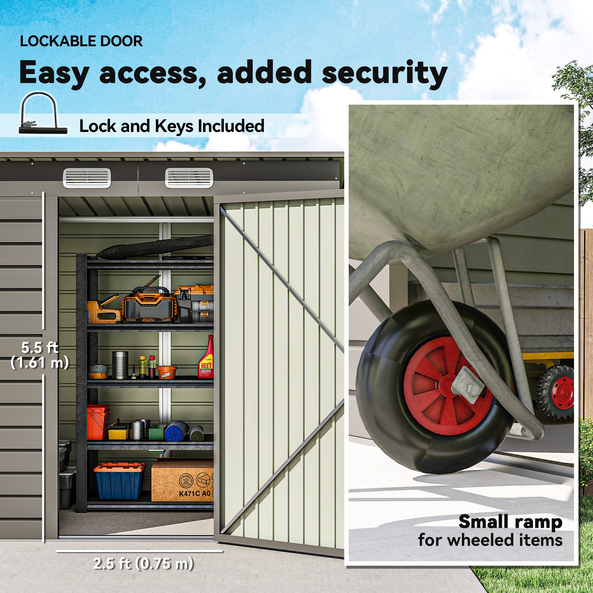 4 x 6ft Galvanised Metal Garden Shed, with Locking Door - Grey