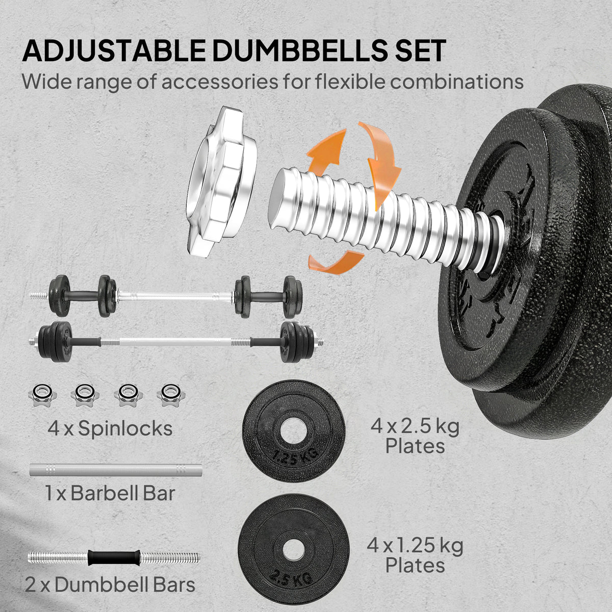 2-in-1 Adjustable Dumbbells Set, 20kg Cast Iron Weights Dumbbells Set with Non-Slip Grip for Strength Training, Weight Lifting, Bodybuilding, Home Gym Workout Equipment for Men & Women