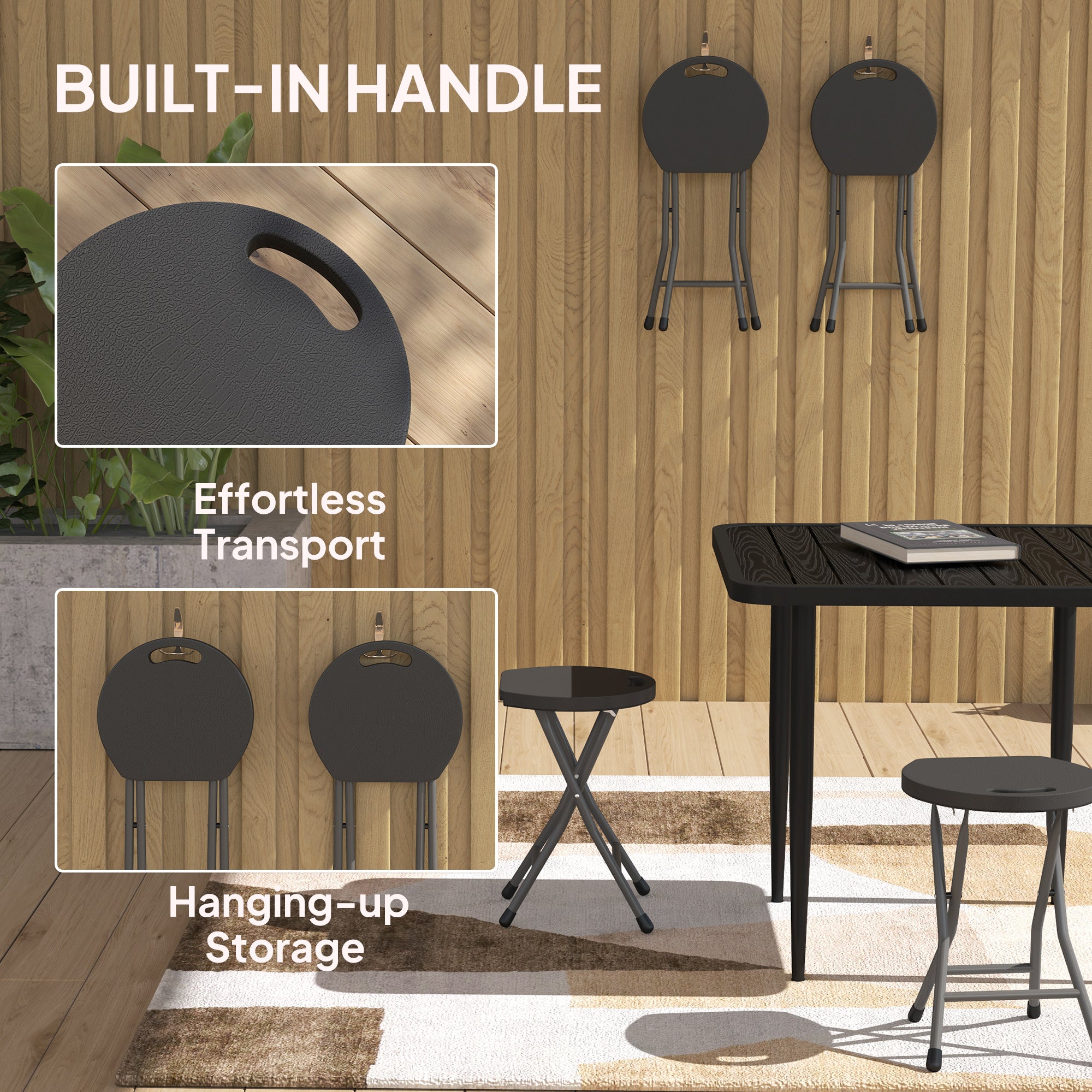 Set of 4 Folding Carry Stools with Powder-Coated Steel Legs - Charcoal Grey