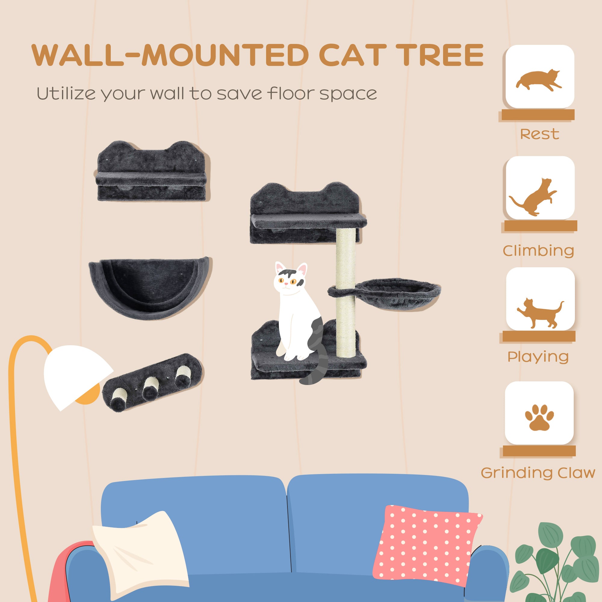 4PCs Wall-Mounted Cat Shelves w/ Scratching Post, Hammock, Nest - Dark Grey