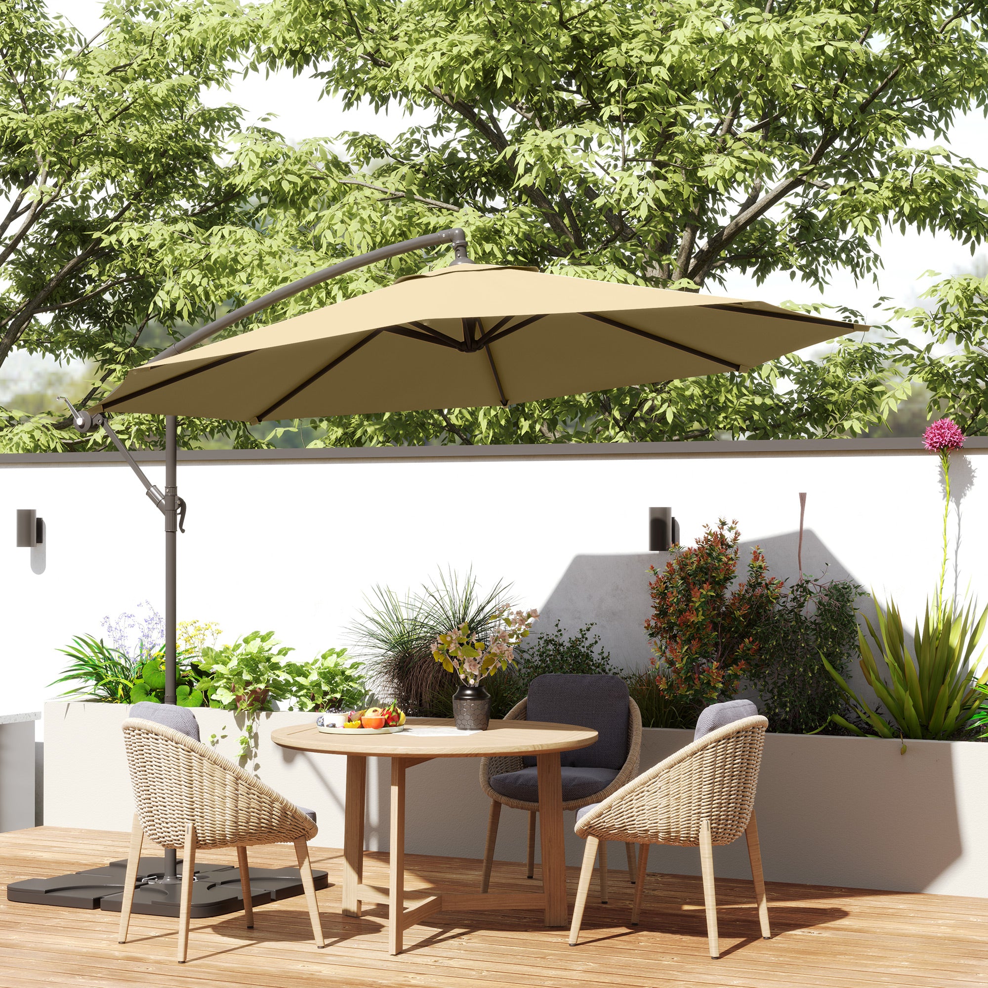 3m Overhanging Parasol, with Base, Weights and Cover - Sand brown
