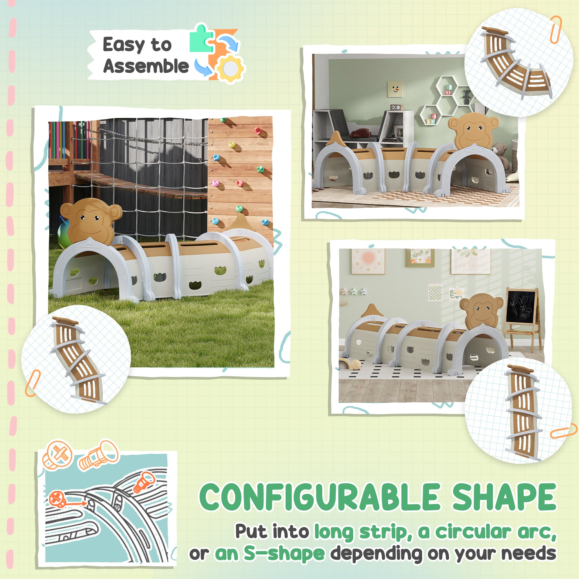 Monkey Design Kids Play Tunnel for Crawl and Climb, for 3-6 Years, Brown