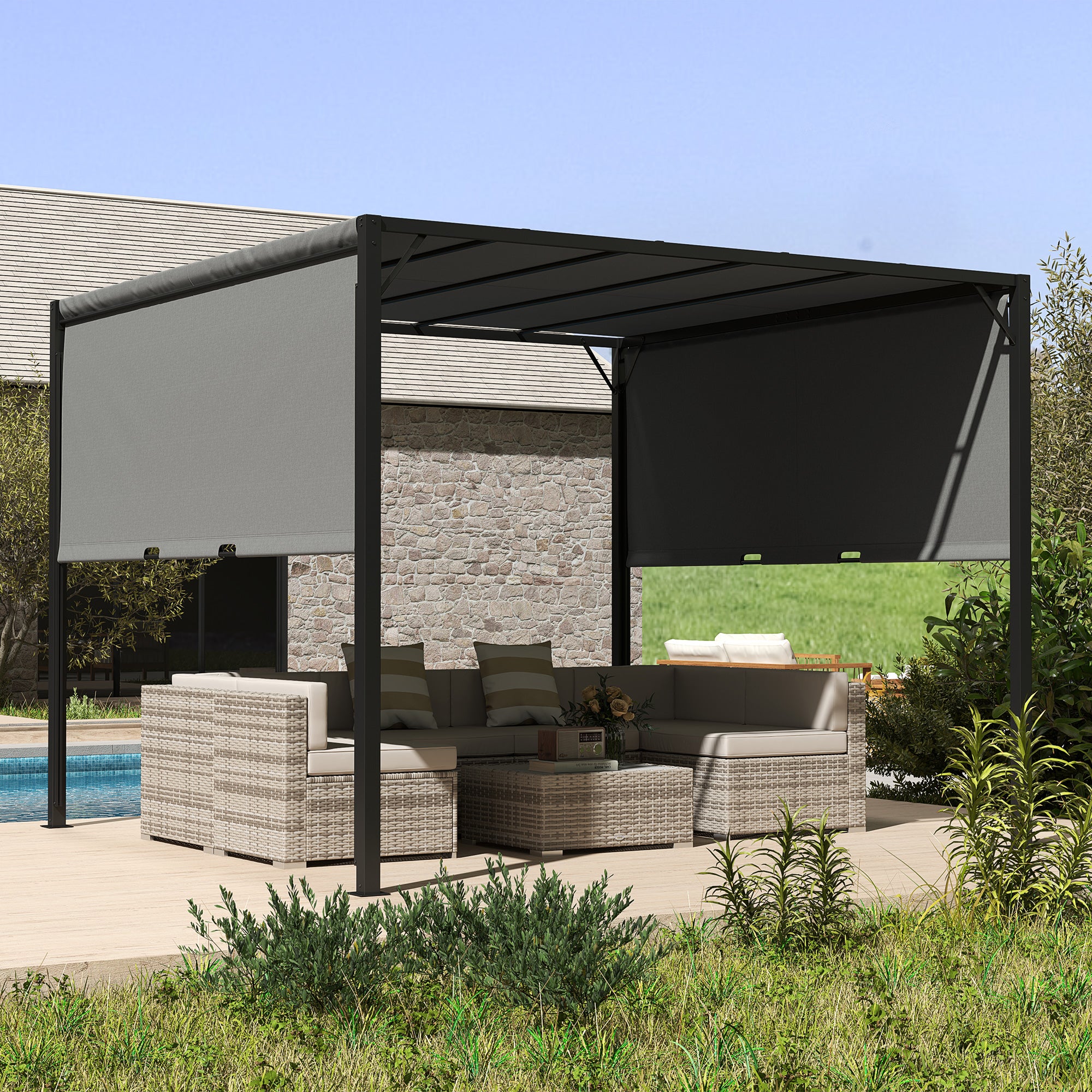 3 x 3 Meter Pergola Set with Retractable Roof Steel Frame - Charcoal Grey