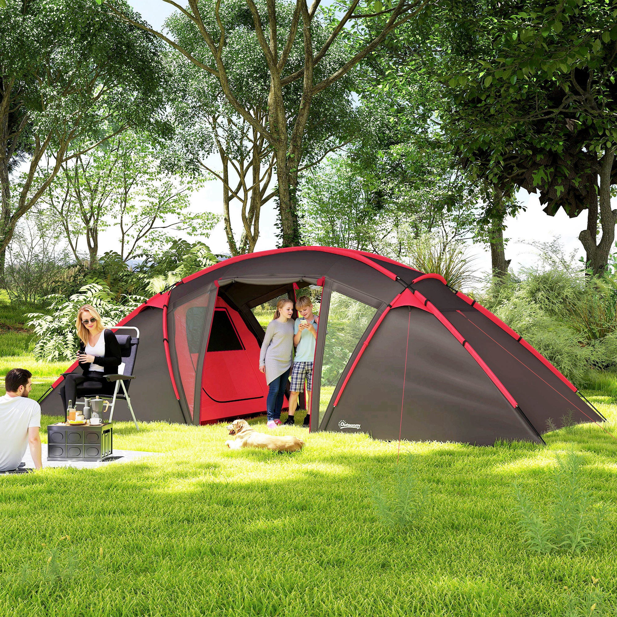 4-6 Man Family Camping Tent w/ 2 Bedrooms and a Living Room, Waterproof Tunnel Tent w/ Sewn In Groundsheet, Doors, Windows, Carry Bag, Grey