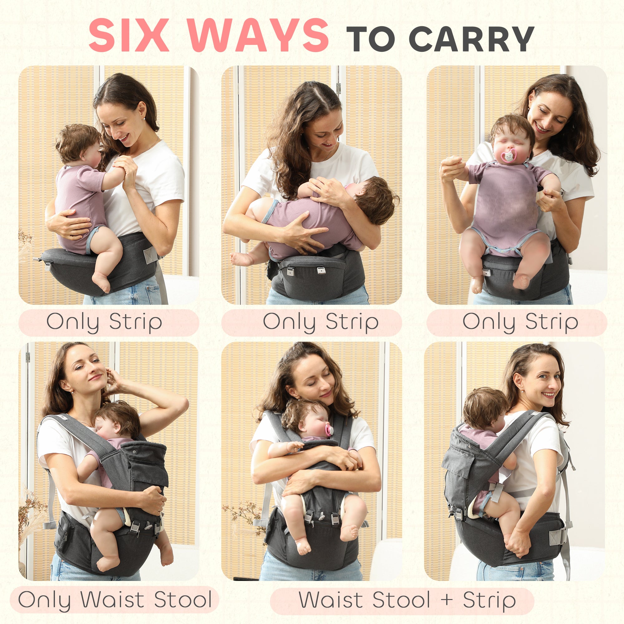 6-in-1 Baby Carrier for Newborns-Toddlers, with Removable Seat, for Ages 0-36 Months, Up to 15kg, Grey