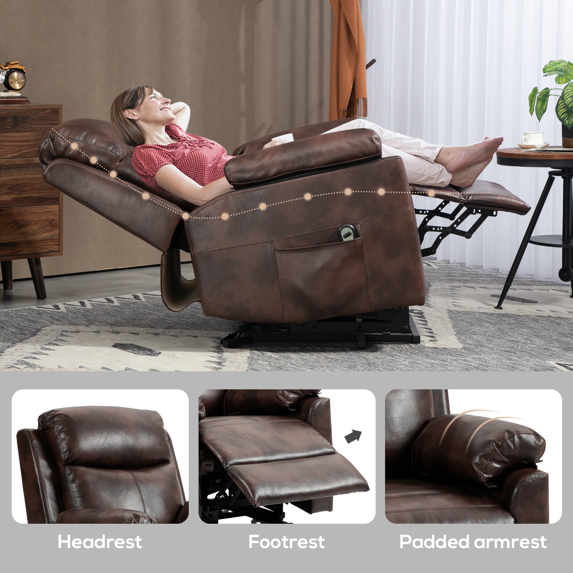 Faux Leather 70° Electric Riser Recliner Chair - Brown