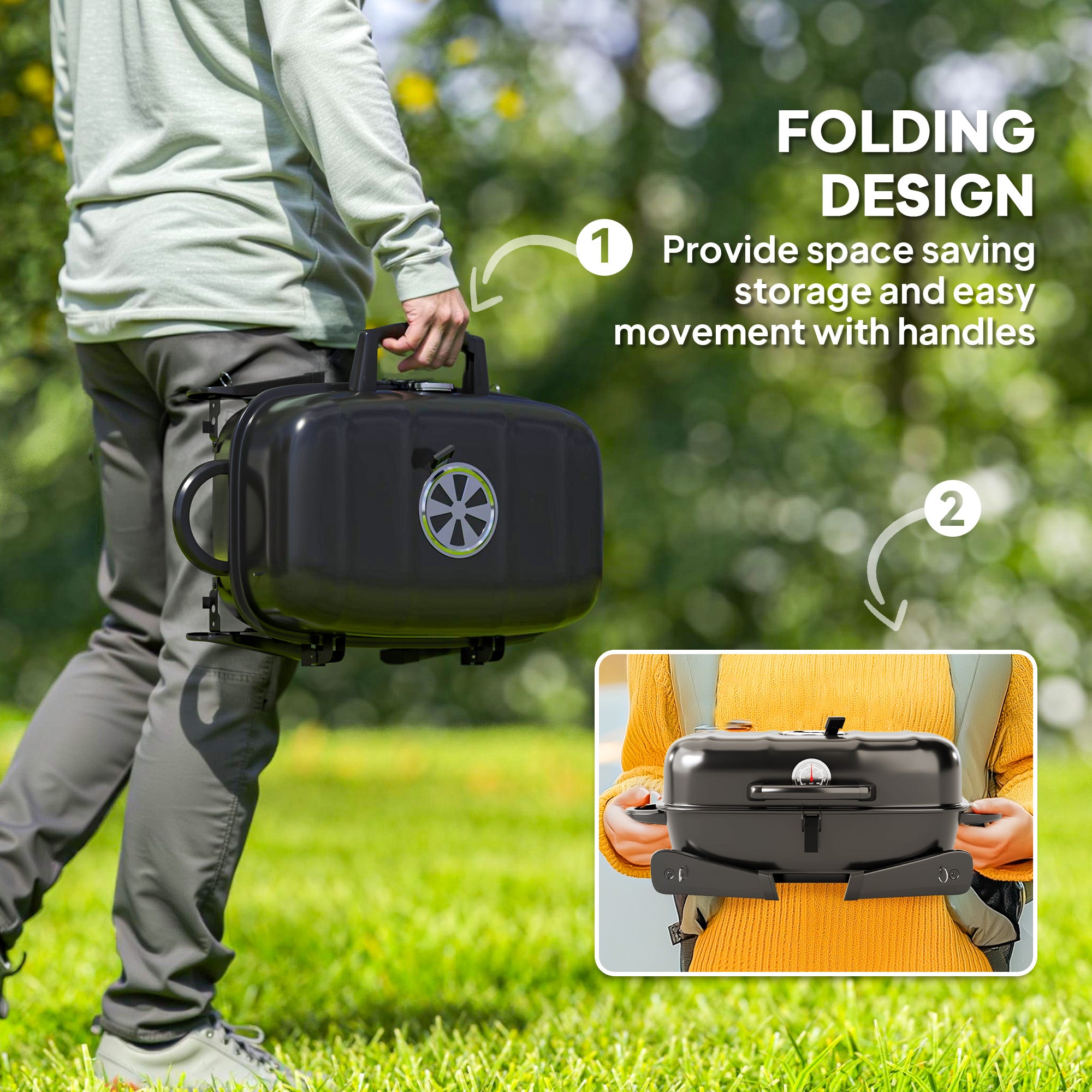 Charcoal Barbecue Grill Folding Portable BBQ Grill for Camping with 1232 cm² Cooking Area, Adjustable Vent, Thermometer, Handles for Picnic, 59 x 37 x 36 cm, Black