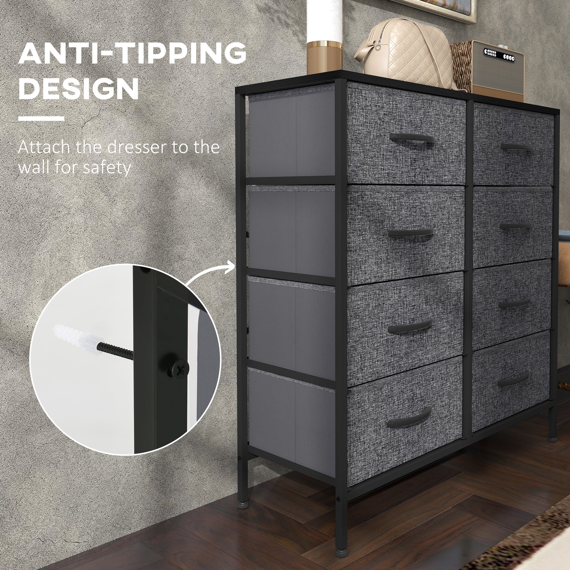 Fabric Chest of Drawers, Storage Drawers, Industrial Bedroom Dresser with 8 Fabric Drawers, Steel Frame and Wooden Top for Nursery, Living Room, Hallway, Black