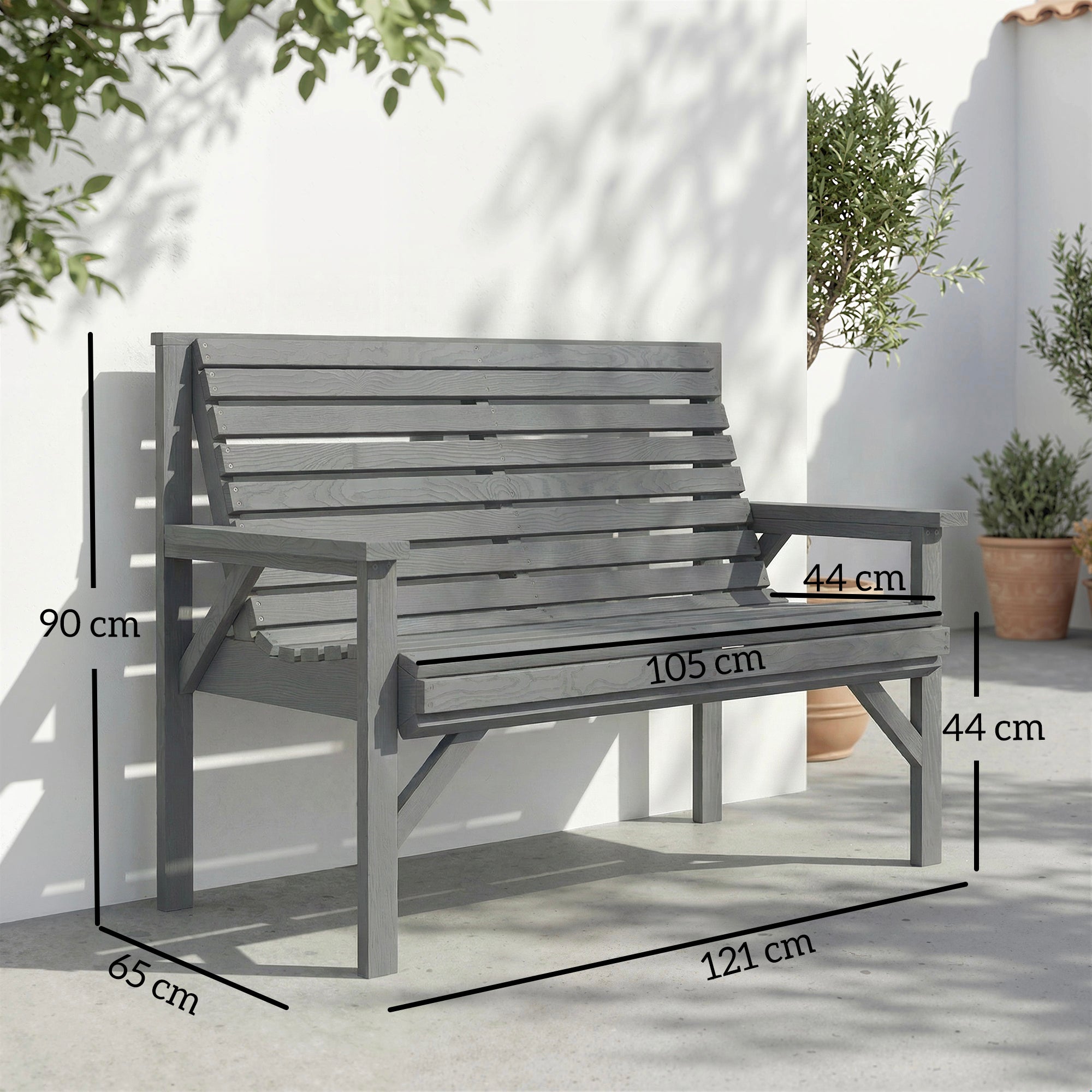 2 Seater Wooden Garden Bench, Slatted Patio Bench with Armrest and Backrest, Outdoor Furniture for Indoor, Balcony
