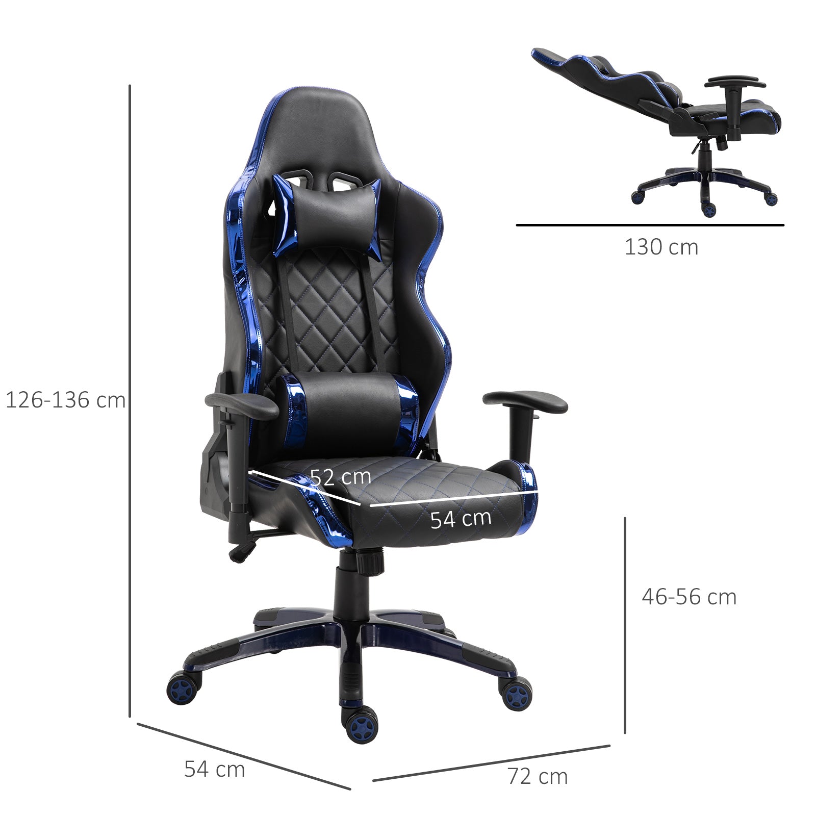 Holographic Stripe Gaming Chair Ergonomic PU Leather High Back 360° Swivel w/ 5 Wheels 2 Pillows Back Support Racing Reclining Black and Blue