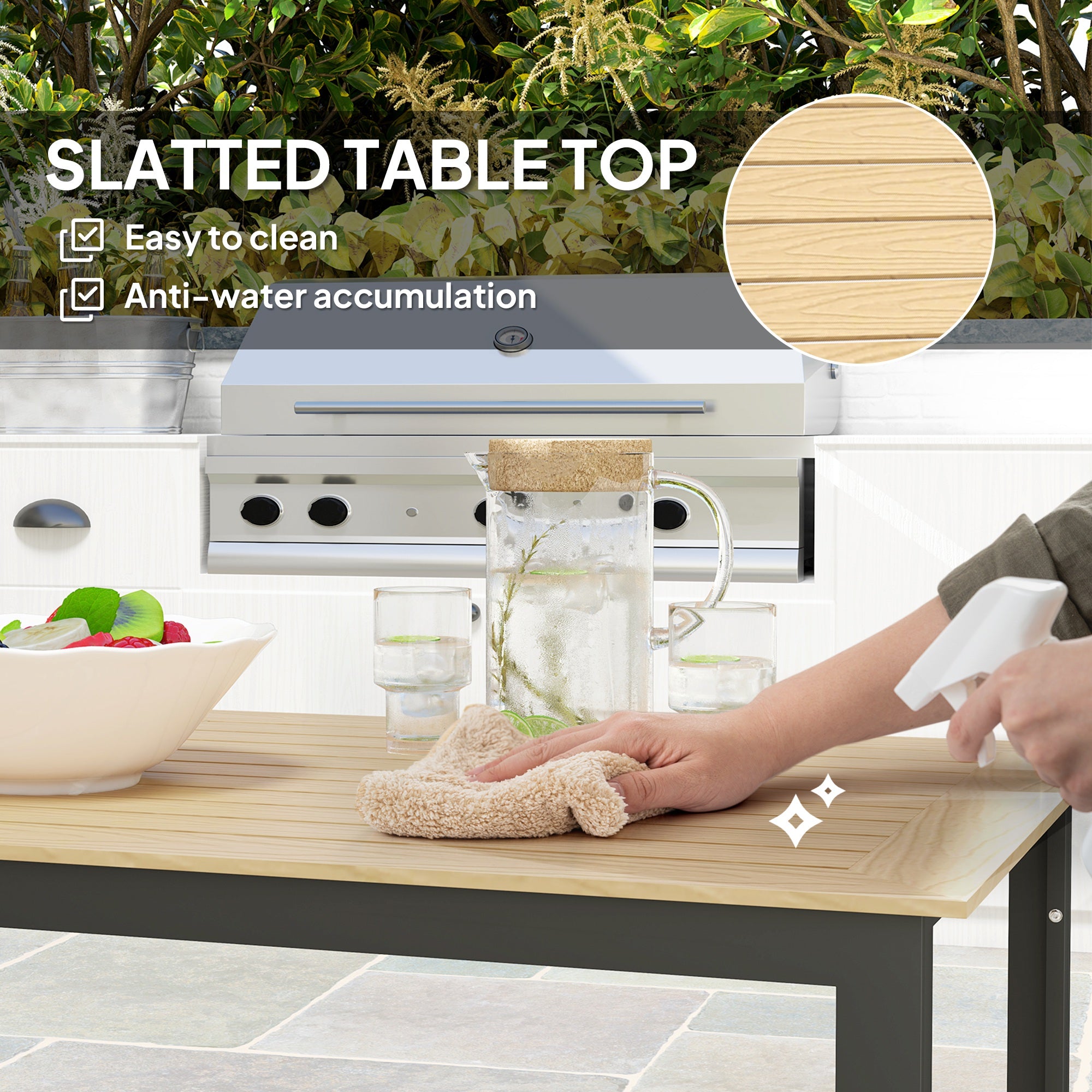 6 Seater Teak Effect Outdoor Dining Table with Metal Frame