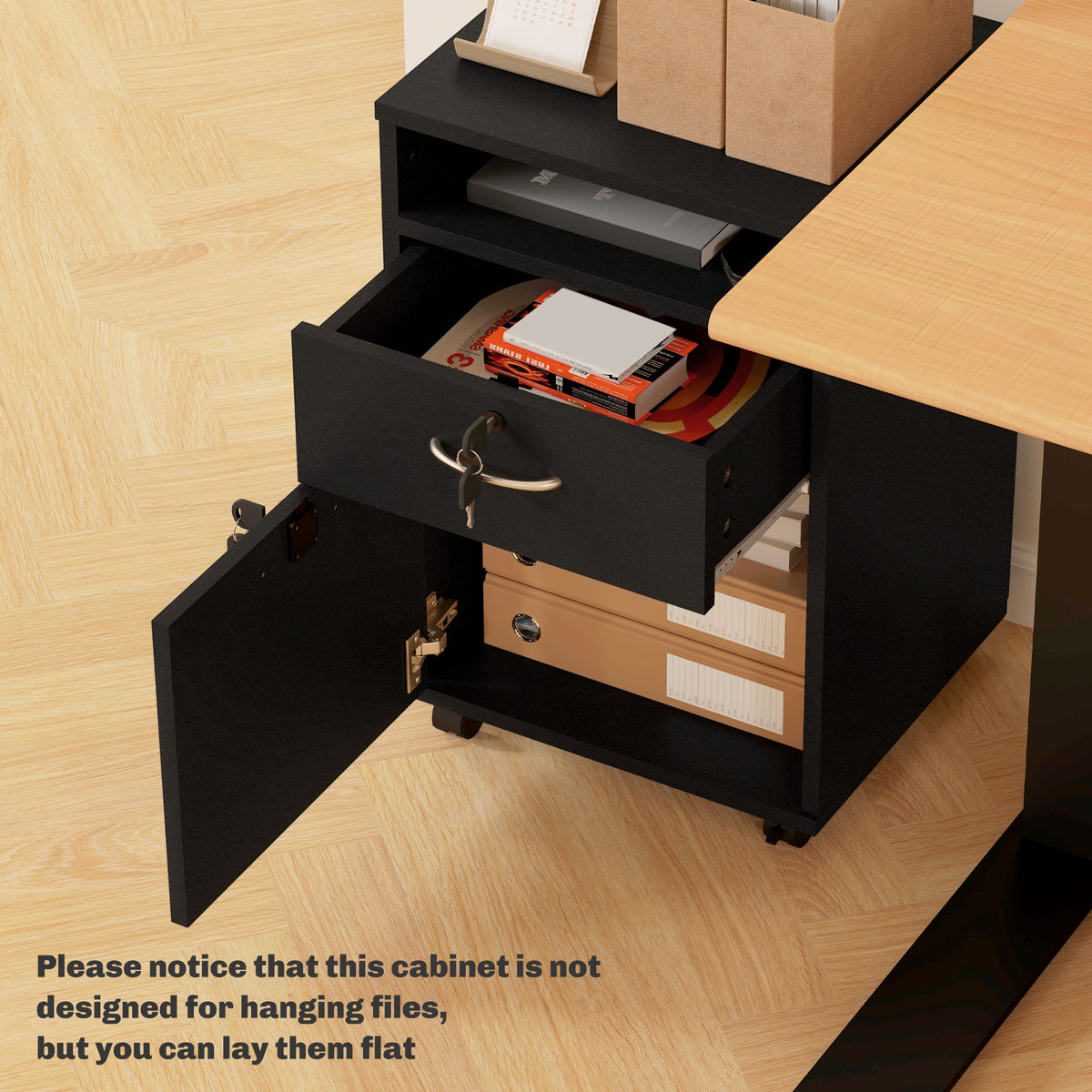 60cm Mobile Filing Cabinet with Drawer, Open Shelf, Locks & Wheels - Black