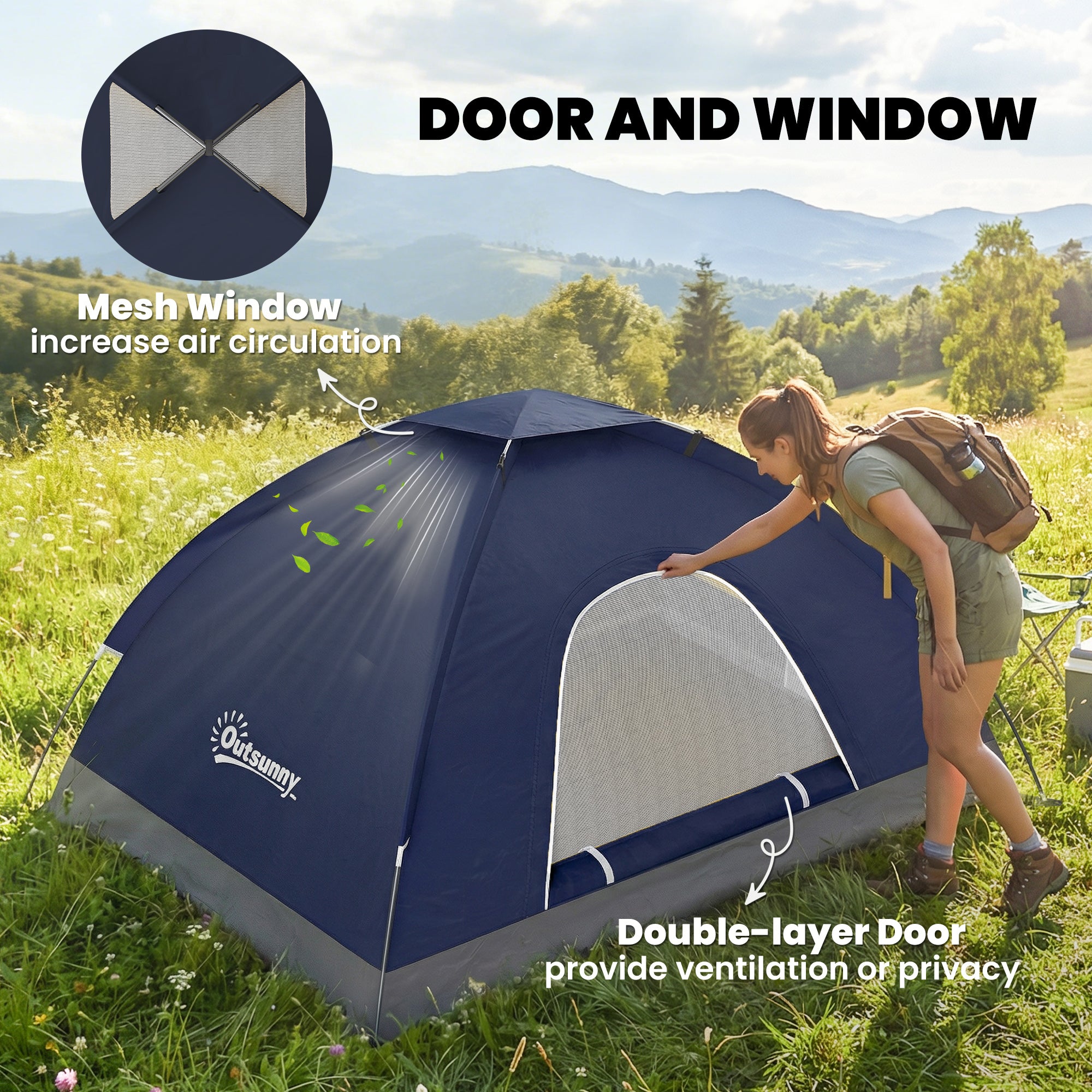 2 Person Camping Tent, Dome Tent with Zipped Doors, Storage Pocket, Portable Handy Bag, Navy Blue