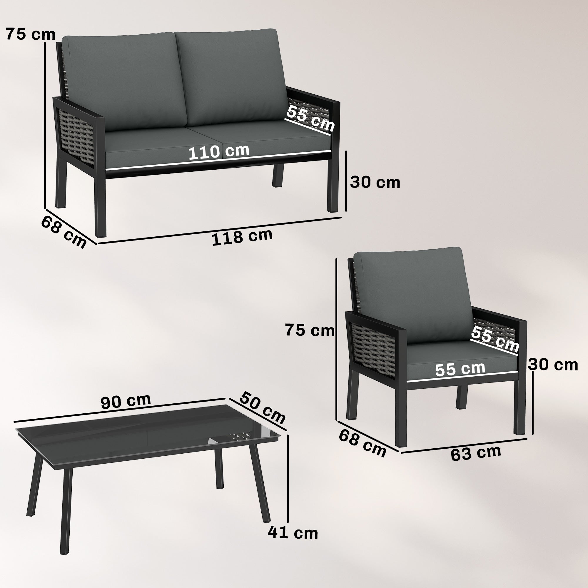 4 Seater Rattan Garden Furniture Set with 2 Armchairs, Loveseat, Coffee Table, Garden Sofa Set with Cushions, Dark Grey