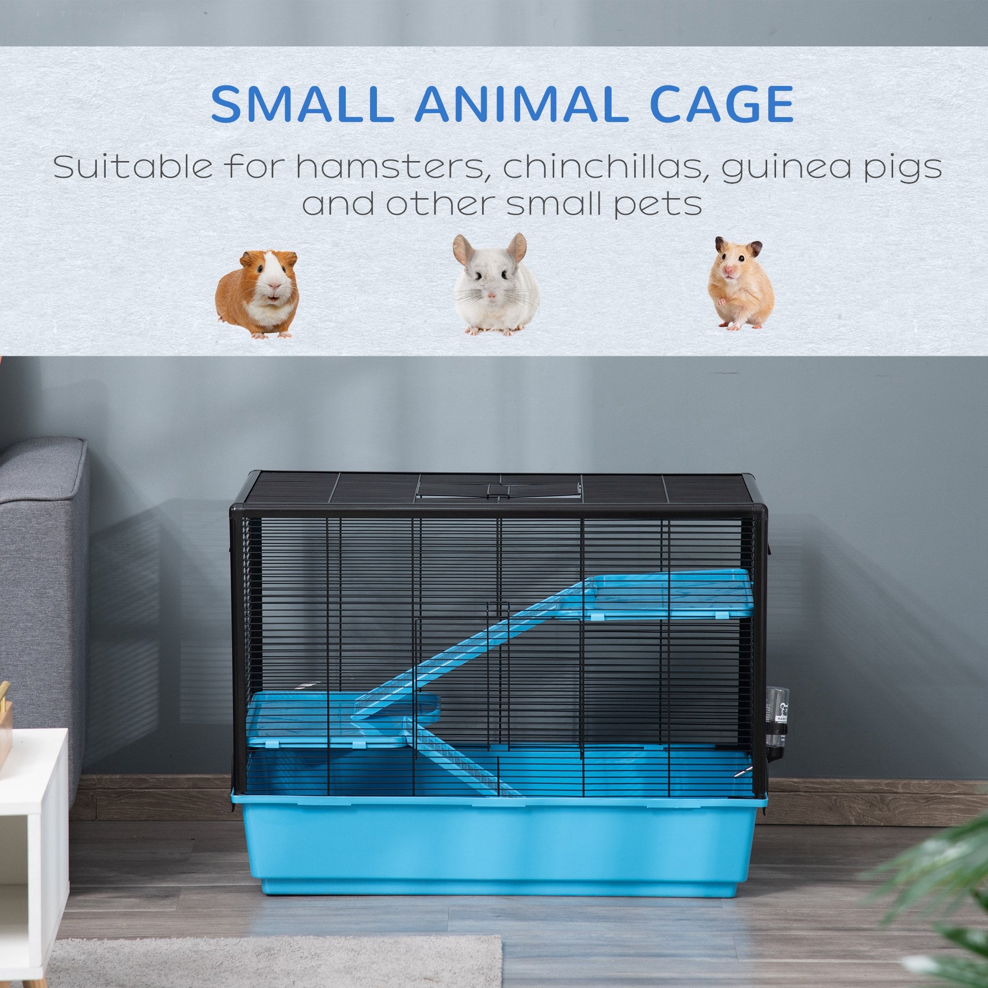 Indoor Small Animal Cage Habitat for Guinea Pigs Hamsters Chinchillas With Accessories, 80x48x58 cm, Light Blue