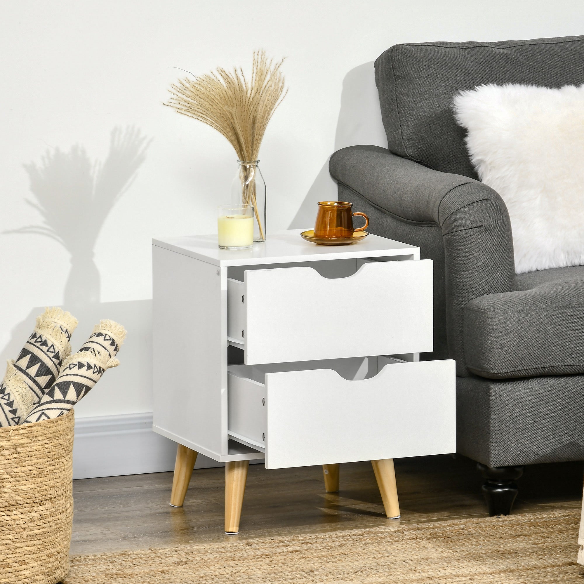 Bedside Table with 2 Drawers and Pine Wood Legs for Bedroom & Living Room - White