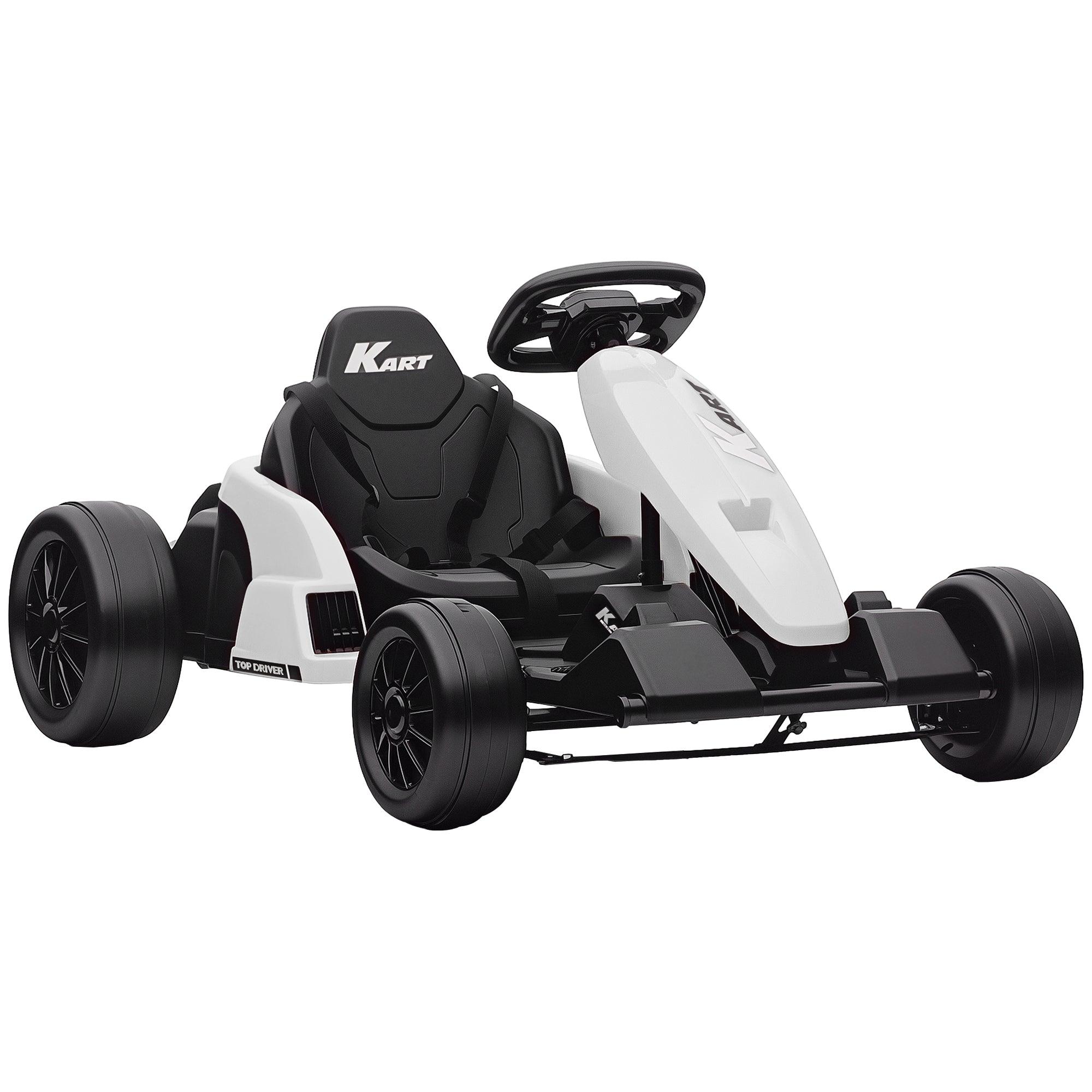 24V Electric Go Kart, Drift Kart with Adjustable Seat, Slow Start, 5-Point Harness, Music, Horn, for 6-12 Years, White