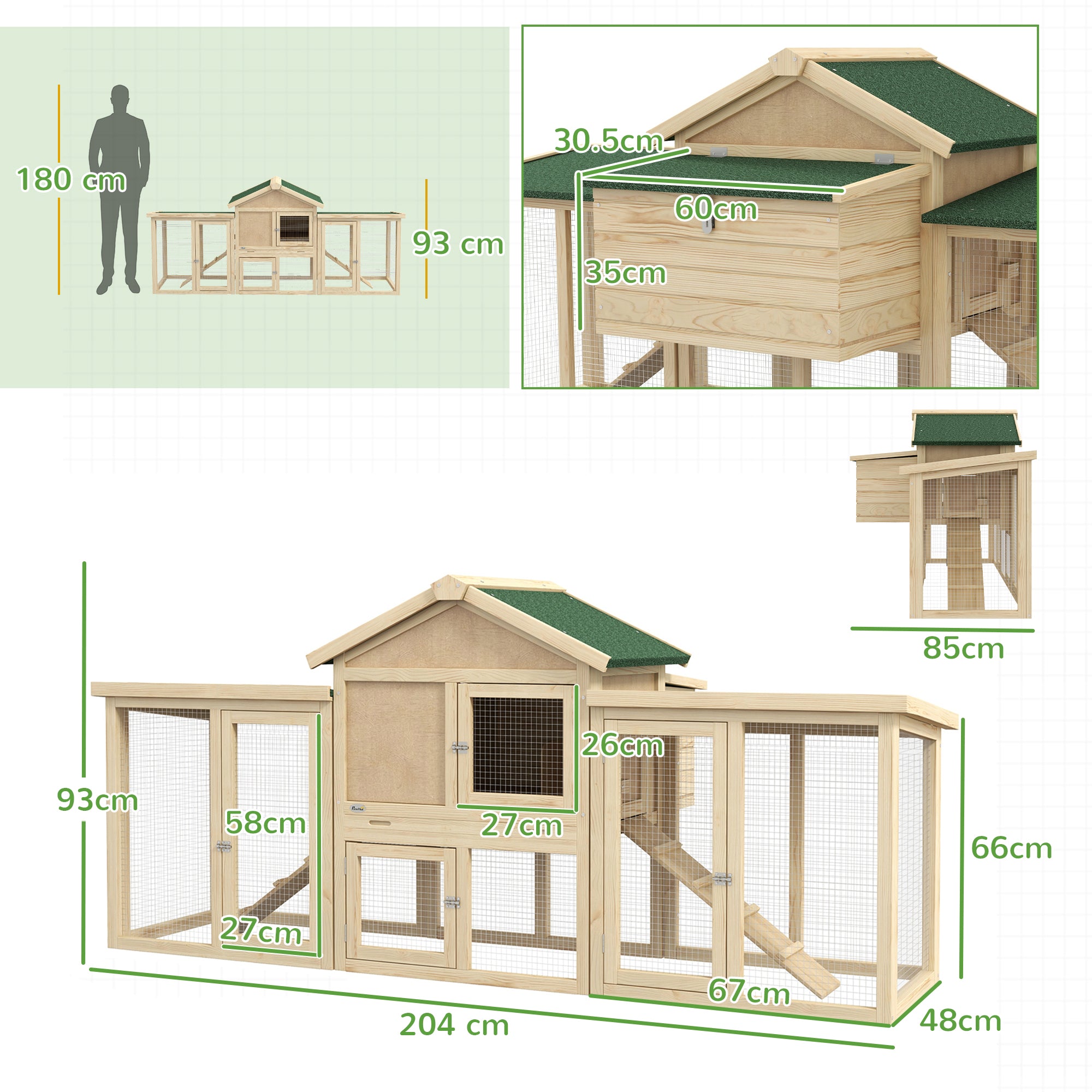 Large Chicken Coop with Run Backyard Hen House Poultry Coops Cages with Nesting Box Wooden 204 x 85 x 93cm