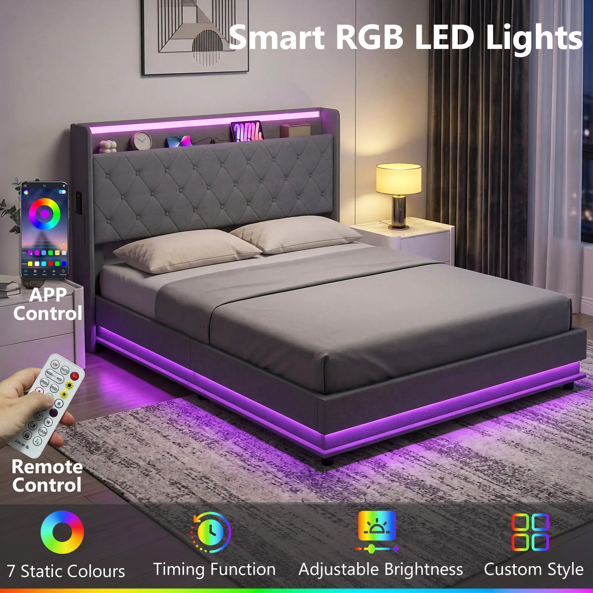 5ft King Bed Frame with Headboard, Platform Bed Frame with Hydraulic Storage, LED Lights and Charging Station, Grey