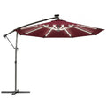 3 m Garden Cantilever Parasol with LED Solar Light, Round Overhanging Umbrella with 360° Rotation, Cover, Wine Red