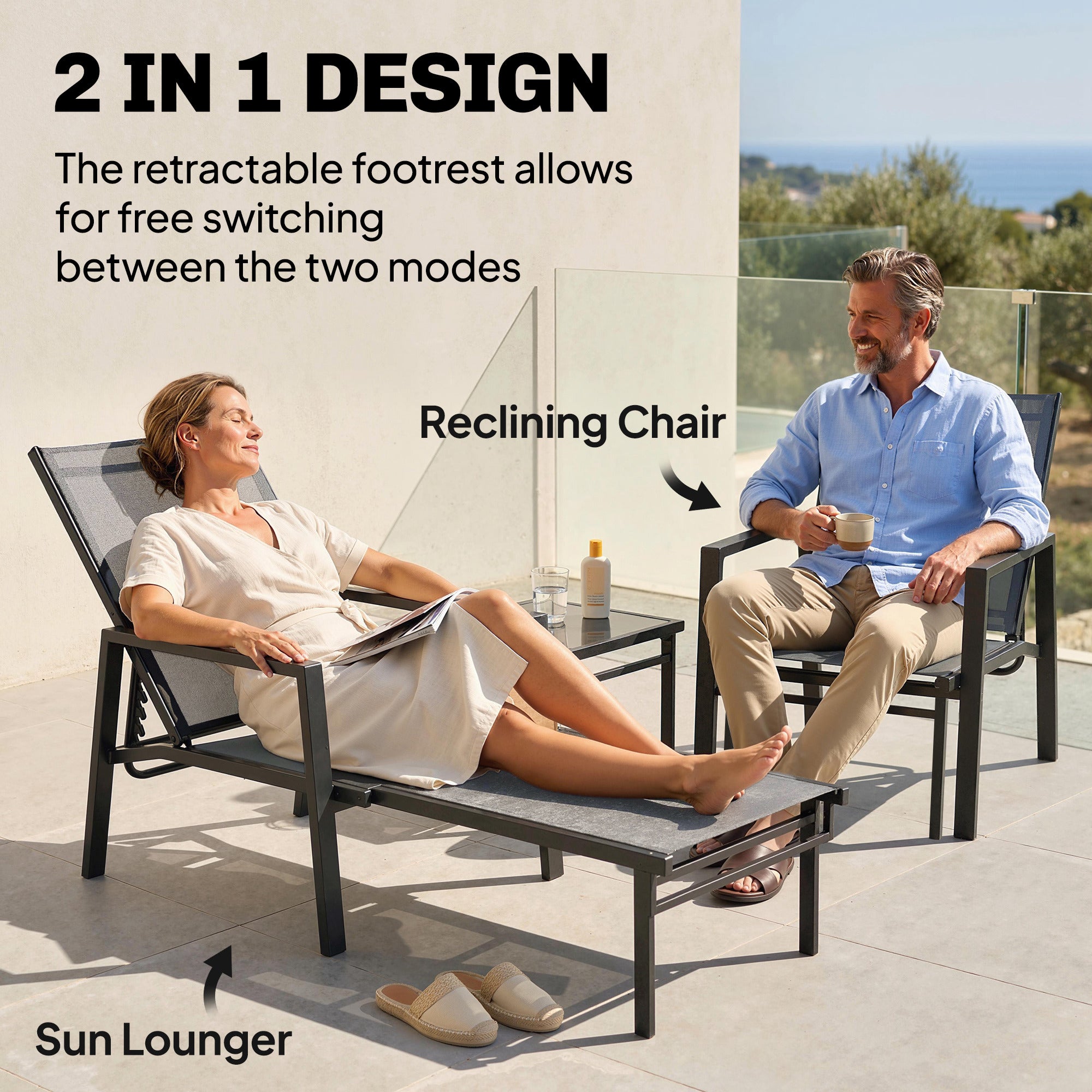 Sun Loungers Set of 2 Retractable Footrest 5-Position Adjustable Steel Frame for Beach, Porch, Patio, Camping, Dark Grey