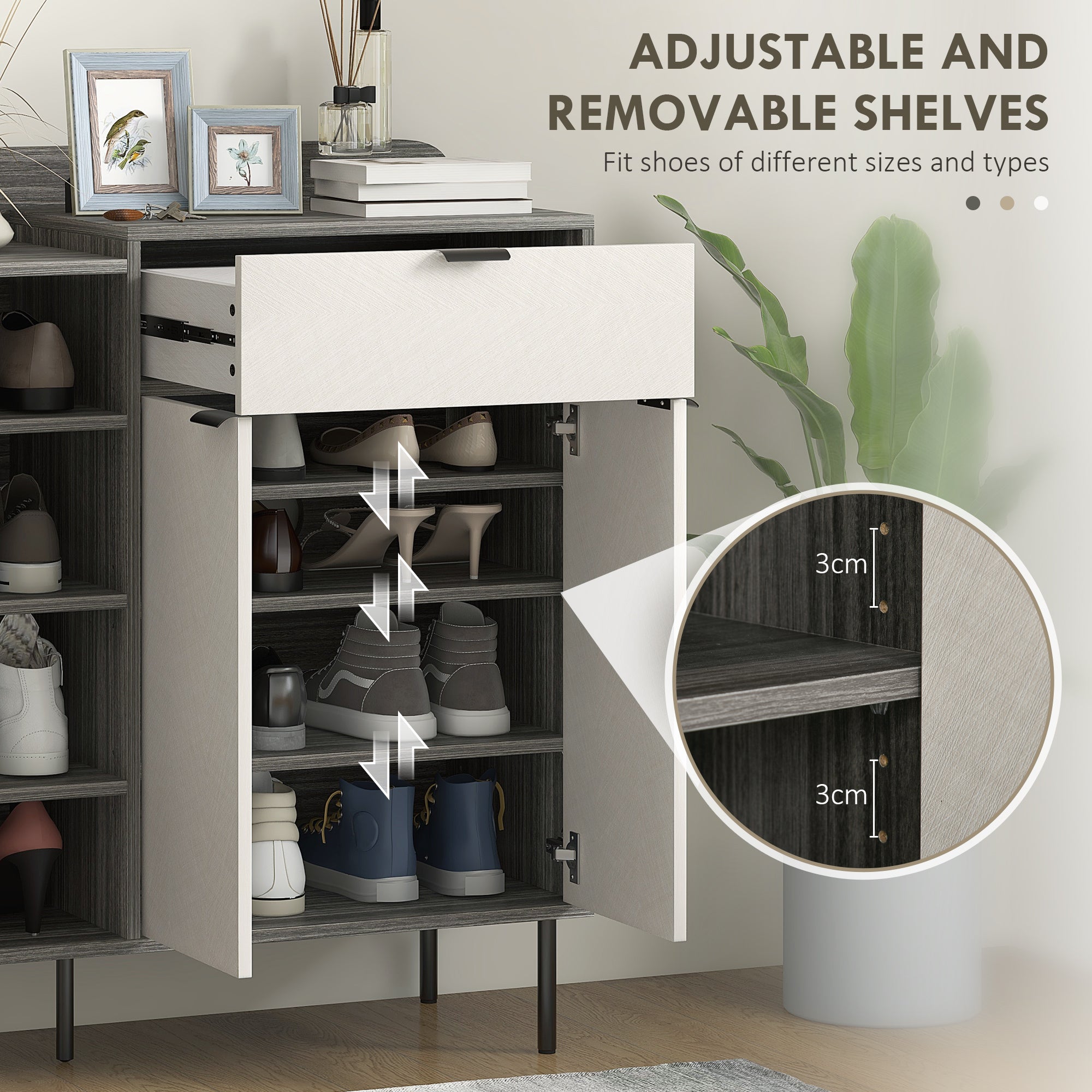 Modern and Minimal 12 Shoe Storage Cabinet - Grey/White